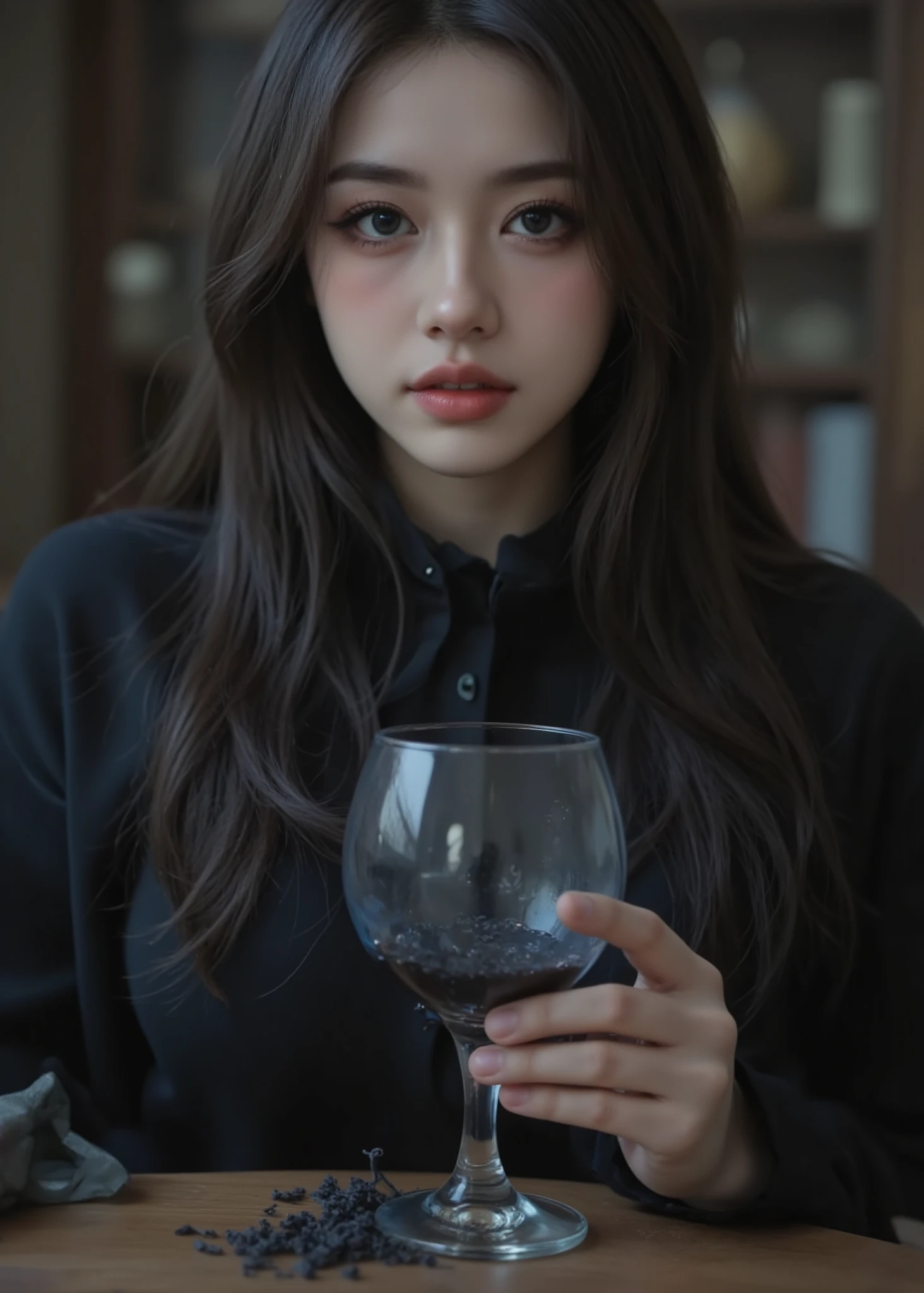 for adults,Scrivenism,((live action movie scene)),very detailed,A dirty witch is trying to get Dorothy to drink poison in a glass cup、glass cup contains blue-black sticky poison,There is blue-black sticky poison in the、Warbling Dorothy、Dorothy with a heartbroken face