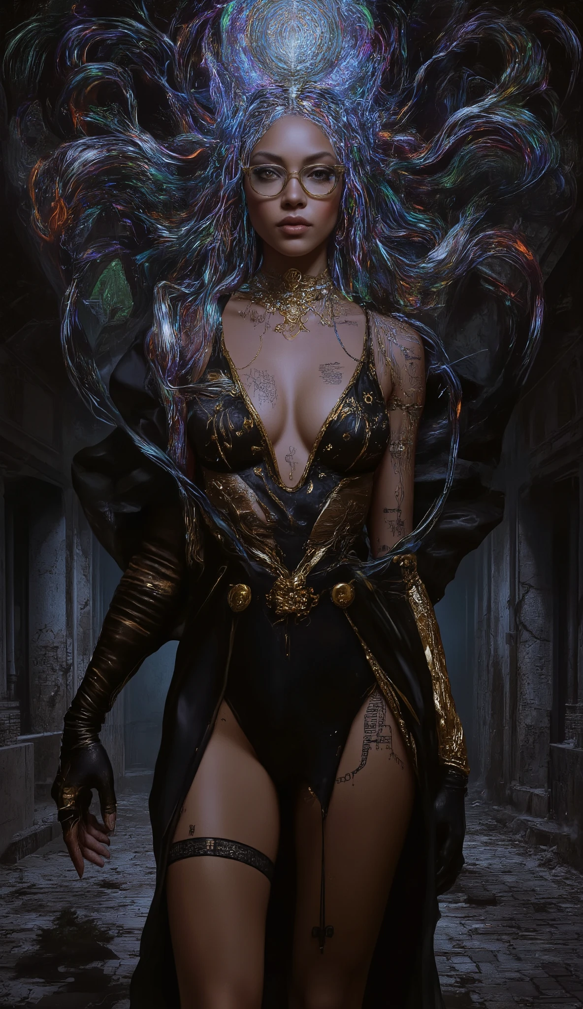 In the style of Neon glitch mosaic surrealism, we see a photo-realistic bizarre portrait of a beautiful, and Charismatic caucasian half black lady of mixed heritage bearing a large gap toothed infectious smile between dimpled cheeks, graceful yet an outcast, radiating an eldritch aura and mysterious supernatural power. Her deep light golden-brown caramel skin glows with lifelike detail. She stands in a wild avant garde black and gold dress with a skirt that ends at her thighs thats very low cut and nuanced, in a theatrical pose, eyeglasses of superb make that are in a golden and black frame, large round expressive dark eyes, gap-toothed beguiling smile, exuding otherworldly energy. Her form: petite upper body, medium 32C natural breasts, powerful larger arms, trim waist, dramatically wide hips, large round ass, robust long legs. Tattooed script of loved ones on arms and chest; unfinished bowtie tattoos on thick thighs. Around her, swirling tendrils of shadow and iridescent light evoke an ancient cosmic power, casting ethereal light and mysterious symbols. In the somber, moody background, crumbling ancient wonders and modern facades meld in cool tones, surreal textures, gothic opulence and bold dramatic lighting. Intricate, high-fashion details inspired by McQueen, Mugler, and Gaultier. She is enveloped in a haunting, melancholic glamour—chosen, enchanting, blending history, futurism, and eldritch magic in a cinematic ArtStation illustration.