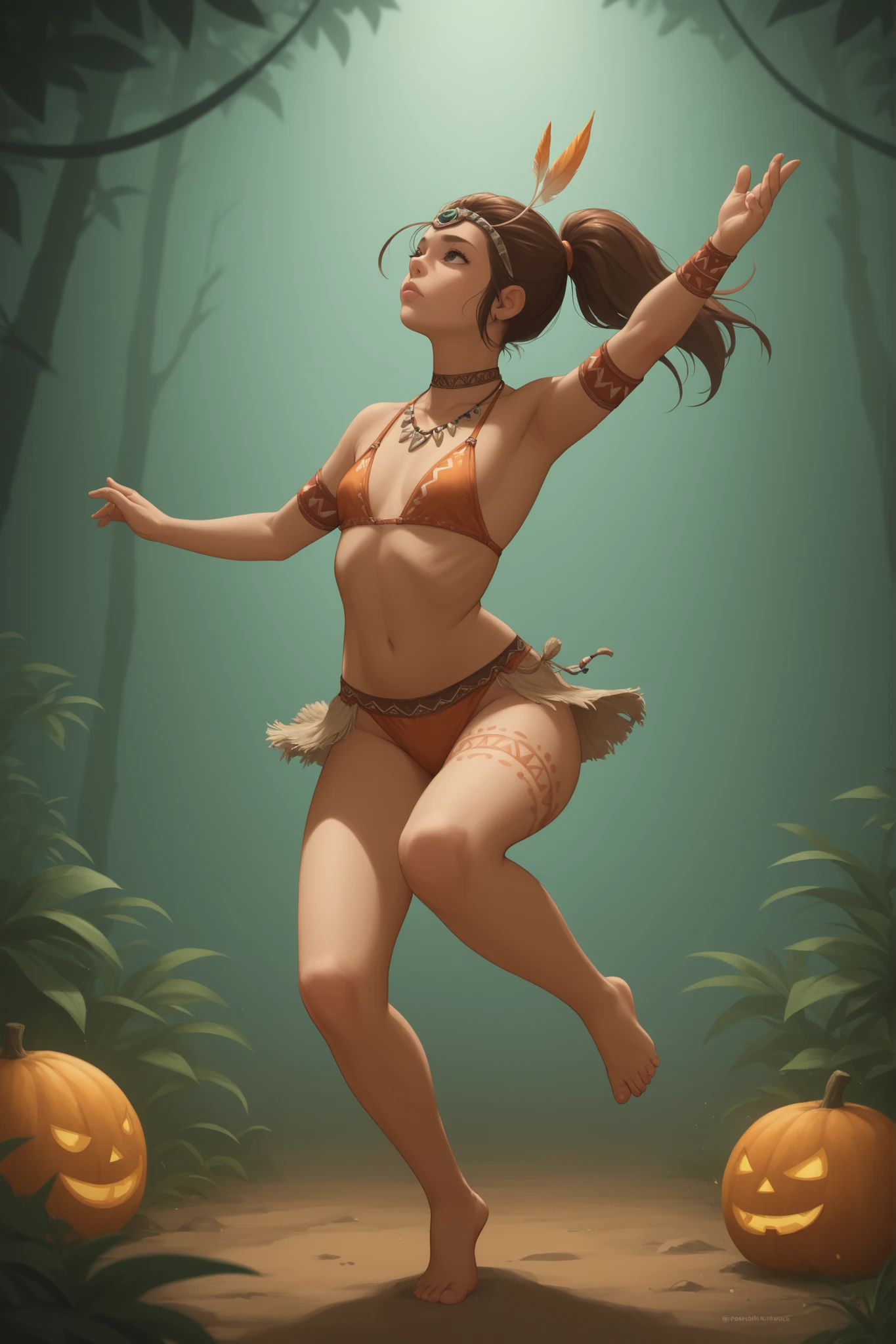 Luan Loud. small , medium , slender body, brown hair ponytail, hair tie, long hair, black eyes. pink lips, choker . | aVibrant tribal party at night, multiple identical figures dancing in a circle around a roaring bonfire, non‑transparent tribal garments (woven fabrics, leather accents, feather details), intricate body paint and permanent tattoos (geometric patterns, animal motifs), glowing embers and flickering flame light, drummers in background beating large wooden drums, smoke swirling in the air, dynamic dance poses with raised arms and bent knees, feet stamping rhythmically on earth, starry sky above, jungle/forest surroundings with glowing fireflies, warm color palette (deep reds, oranges, browns), high‑energy atmosphere, photorealistic style, 8k resolution, cinematic lighting with strong contrasts between firelight and shadow, detailed textures (skin, fabric, wood), professional composition, sense of primal unity and celebration, best quality, motion blur on moving limbs, authentic tribal accessories (necklaces, arm bands, headpieces).