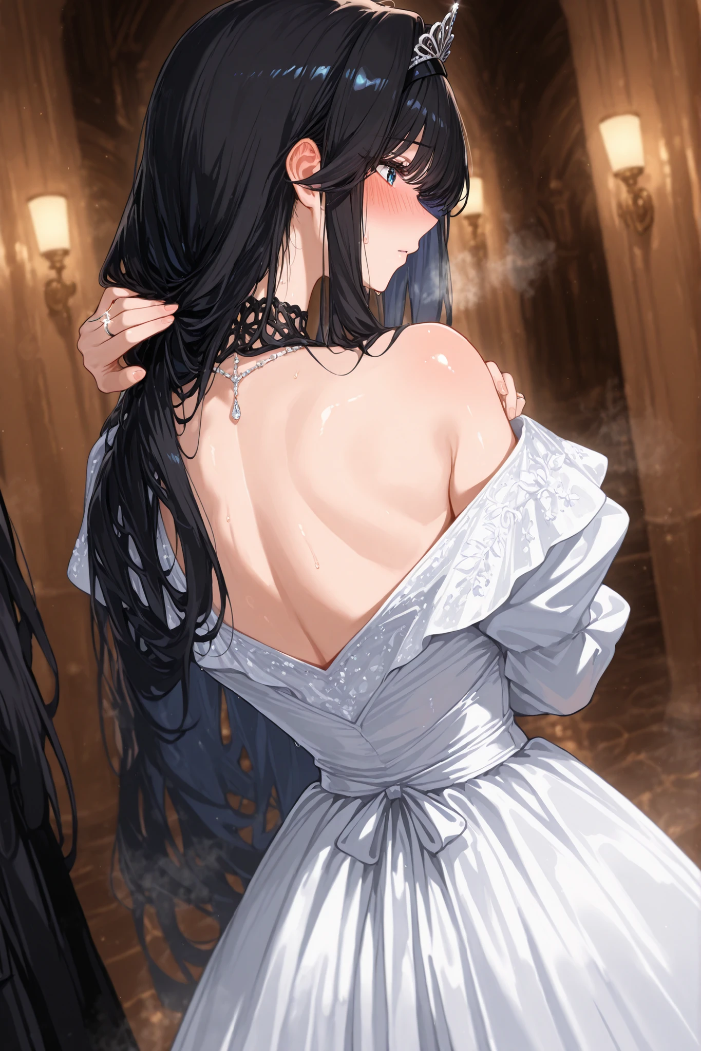 Kaoruko Waguri, black hair, long hair, blue eyes,black hairband,1girl,wedding long dress, HLWD,mall tiara,blush,wedding ring, steam visible, see , slip, Slipped shoulder,
