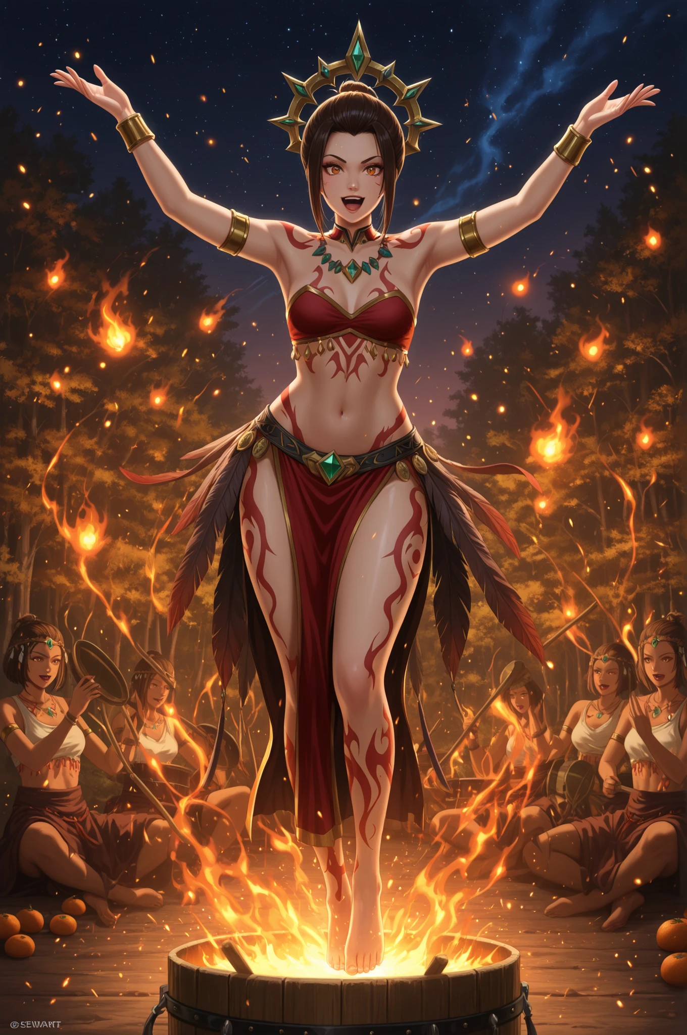 Azula , amber eyes . wavy dark brown hair strands above her shoulders. short hair. small saggy breasts. huge hips. choker. | aVibrant tribal party at night, multiple identical figures dancing in a circle around a roaring bonfire, non‑transparent tribal garments (woven fabrics, leather accents, feather details), intricate body paint and permanent tattoos (geometric patterns, animal motifs), glowing embers and flickering flame light, drummers in background beating large wooden drums, smoke swirling in the air, dynamic dance poses with raised arms and bent knees, bare feet stamping rhythmically on earth, starry sky above, jungle/forest surroundings with glowing fireflies, warm color palette (deep reds, oranges, browns), high‑energy atmosphere, photorealistic style, 8k resolution, cinematic lighting with strong contrasts between firelight and shadow, detailed textures (skin, fabric, wood), professional composition, sense of primal unity and celebration, best quality, motion blur on moving limbs, authentic tribal accessories (necklaces, arm bands, headpieces).