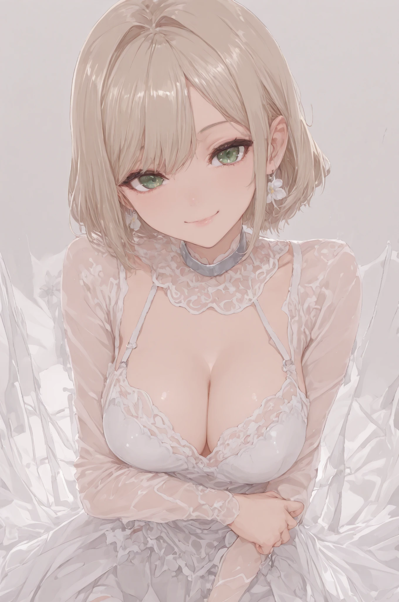 (:1.0), ((((masterpiece, best quality, high resolution)))), Extremely detailed 8K, Beautiful girl with voluptuous body, (Ultra HD, Ultra-detailed, Highly detailed, Highly realistic, Ultra-realistic, photograph realistic), (1girl:1.5), (Realistic white hair), short wavy hair, bob cut, (dynamicposes), facing at camera, (smirking, parted lips), purple eyes, average breasts, (beautiful detailed face, beautiful detailed eyes), white , sweat, glow, (sunbeam, sunlight)