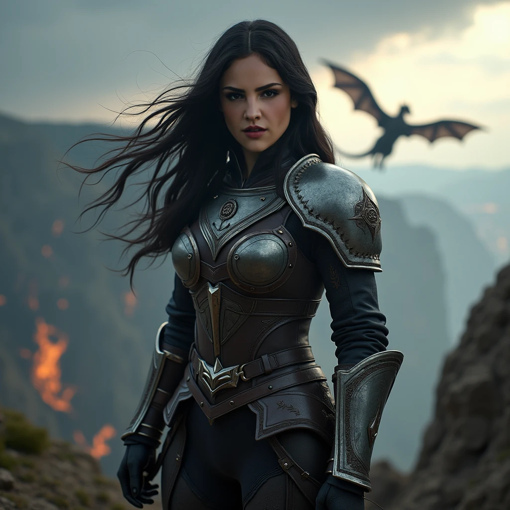 realism, masterpiece, ultra-detailed, (Eiza Gonzalez:1.2) as Mira Sorrengail, confident protective gaze, elegant but battle-ready presence, long dark hair windswept behind her, strong rider physique, wearing an elite Navarrian rider uniform — reinforced leather armor with silver trim, polished pauldrons, embroidered command sigils, flight harness straps, subtle scorch and wind-wear from missions, standing on a high cliff overlook with stormy skies, her dragon circling in the background, embers drifting through the air, dramatic rim-light highlighting her profile, heroic composition, fantasy realism, crisp textures, (4k, film-edit model quality:1.2)