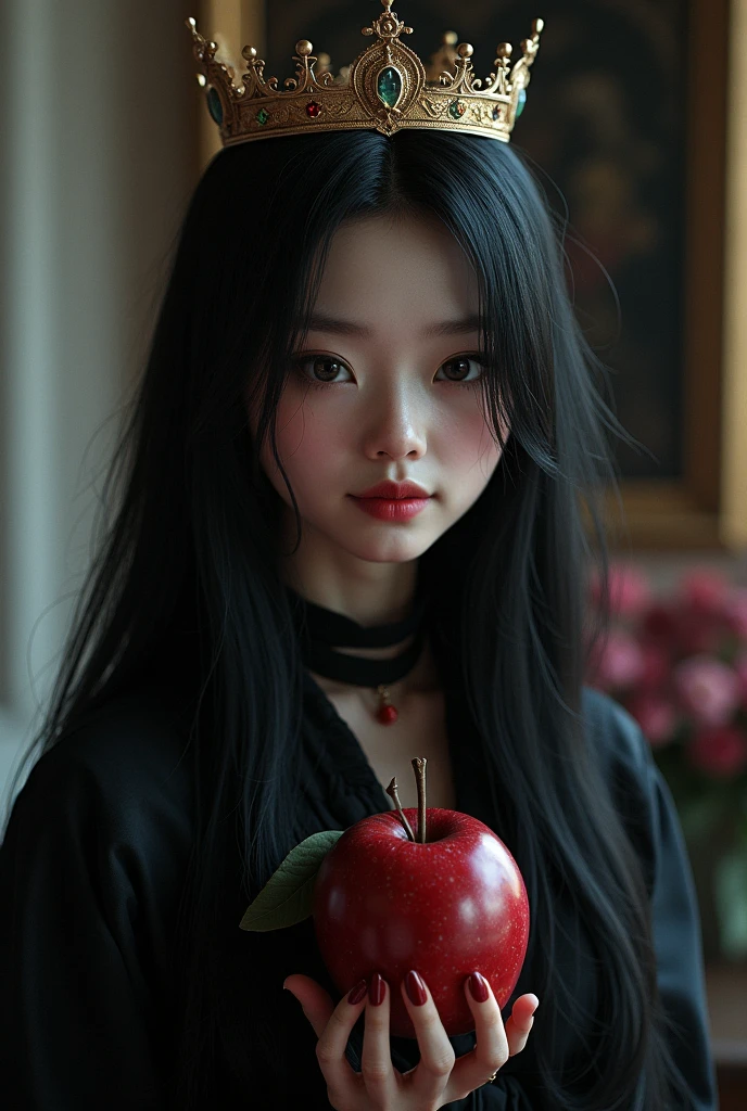 ((RAW photos)，Absurd，(Absurd分辨率))，masterpiece，Best quality，(Extremely Detailed 8k Unity CG Wallpaper)，(Best Illustration)，(best shadows)，Realistic lighting，Beautiful and Detailed Brilliance，((21yo))，girl，longblackhair，Black Queen，accessories for girls，Handheld Apple，Poison apples，Queen of Witches，Red Lipstick，(((Her Photographic Perspective)))