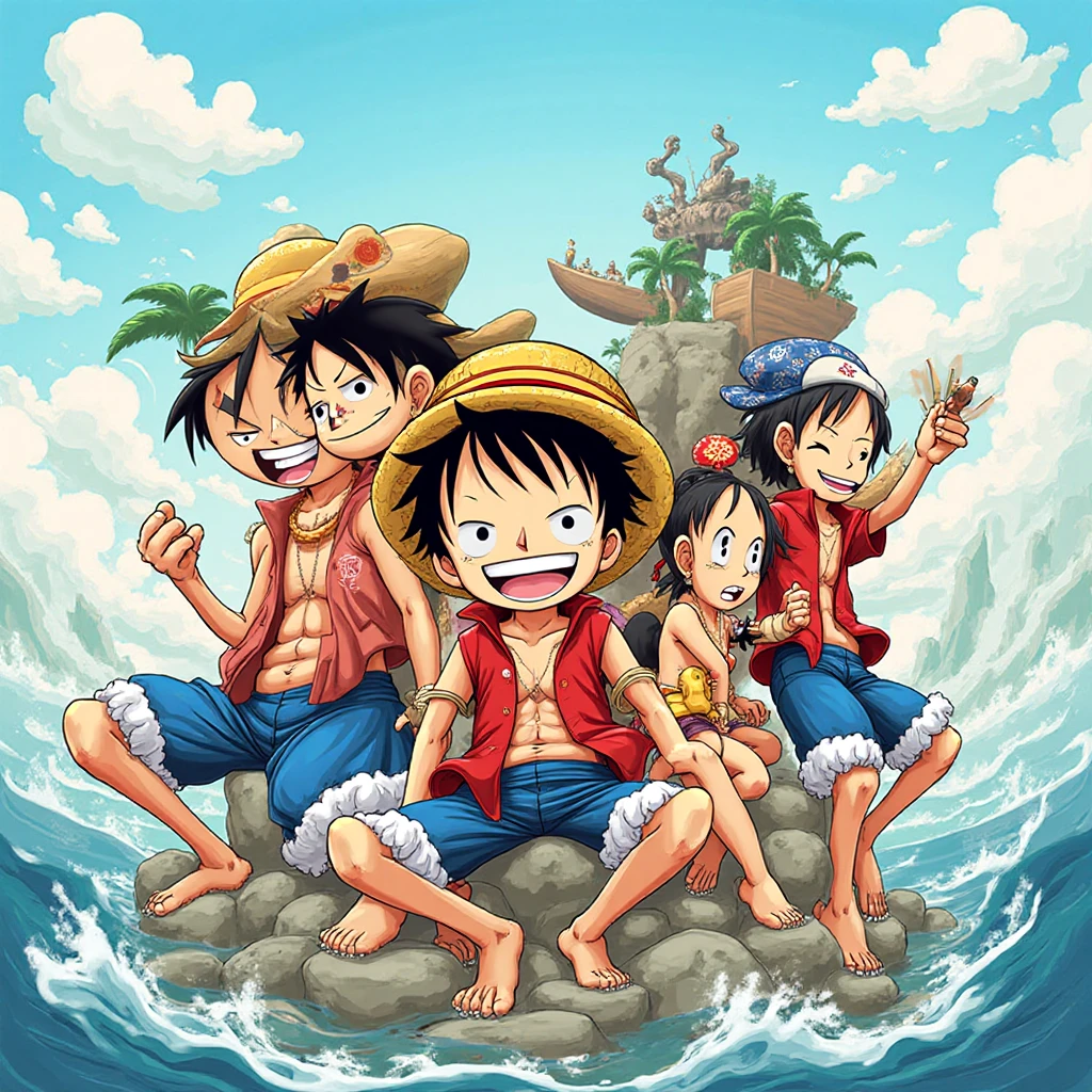 Luffy with the mugiwara giving a hug 