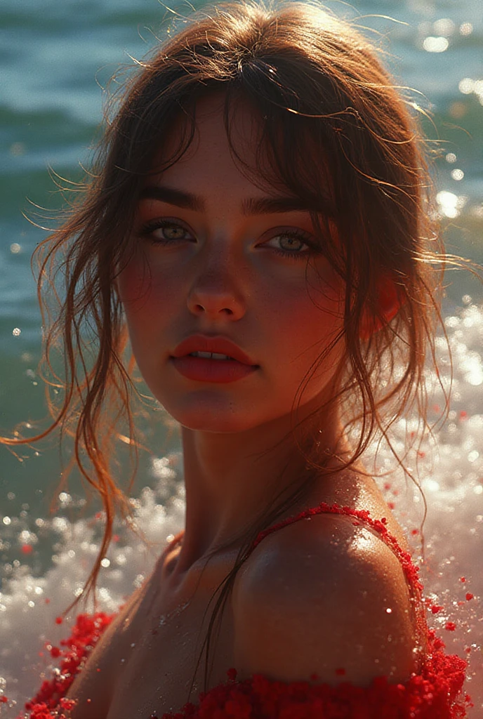 a beautiful girl with black hair and red eyes, in a swimsuit, holding a white rectangular paper towards the camera, by the sea under a blue sky, with sunlight shining and the sea reflecting and sparkling, (best quality,4k,8k,highres,masterpiece:1.2),ultra-detailed,(realistic,photorealistic,photo-realistic:1.37),anime,seascape,beautiful detailed eyes,beautiful detailed lips,extremely detailed eyes and face,longeyelashes,1girl,ocean,waves,sand,sunny day,bright lighting