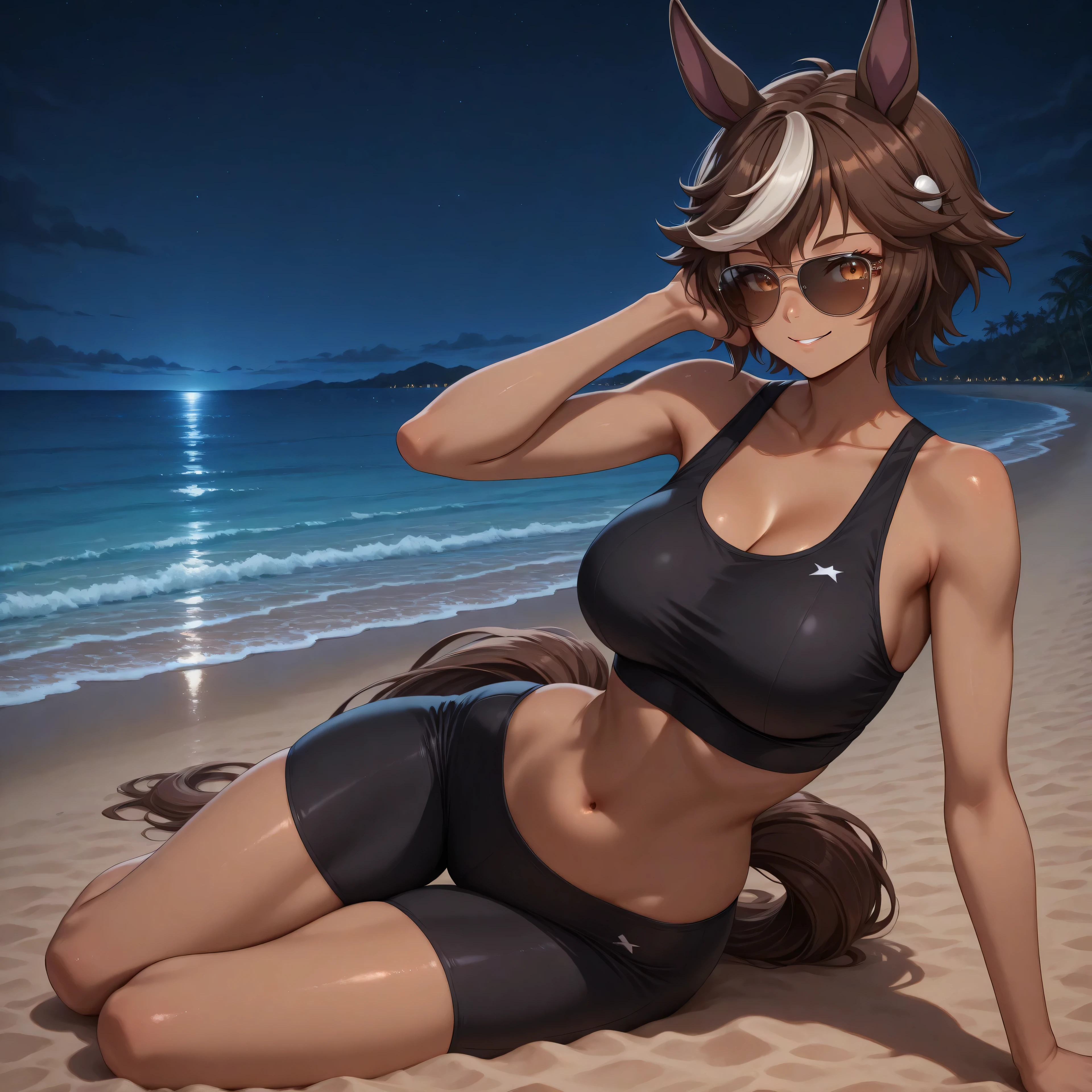 anime, lazypos, masterpiece, high contrast, vibrant colors, high contrast, at beach, night, night time, vibrant, 1girl, tomoe umari, aviator sunglasses, bike shorts, brown eyes, brown hair, black sports bra, dark-skinned female, dark skin, hair ears, horse girl, horse tail, large breasts, midriff, multicolored hair, navel, smile, streaked hair, sunglasses, laying on sand, head in hand, elbow on ground,
