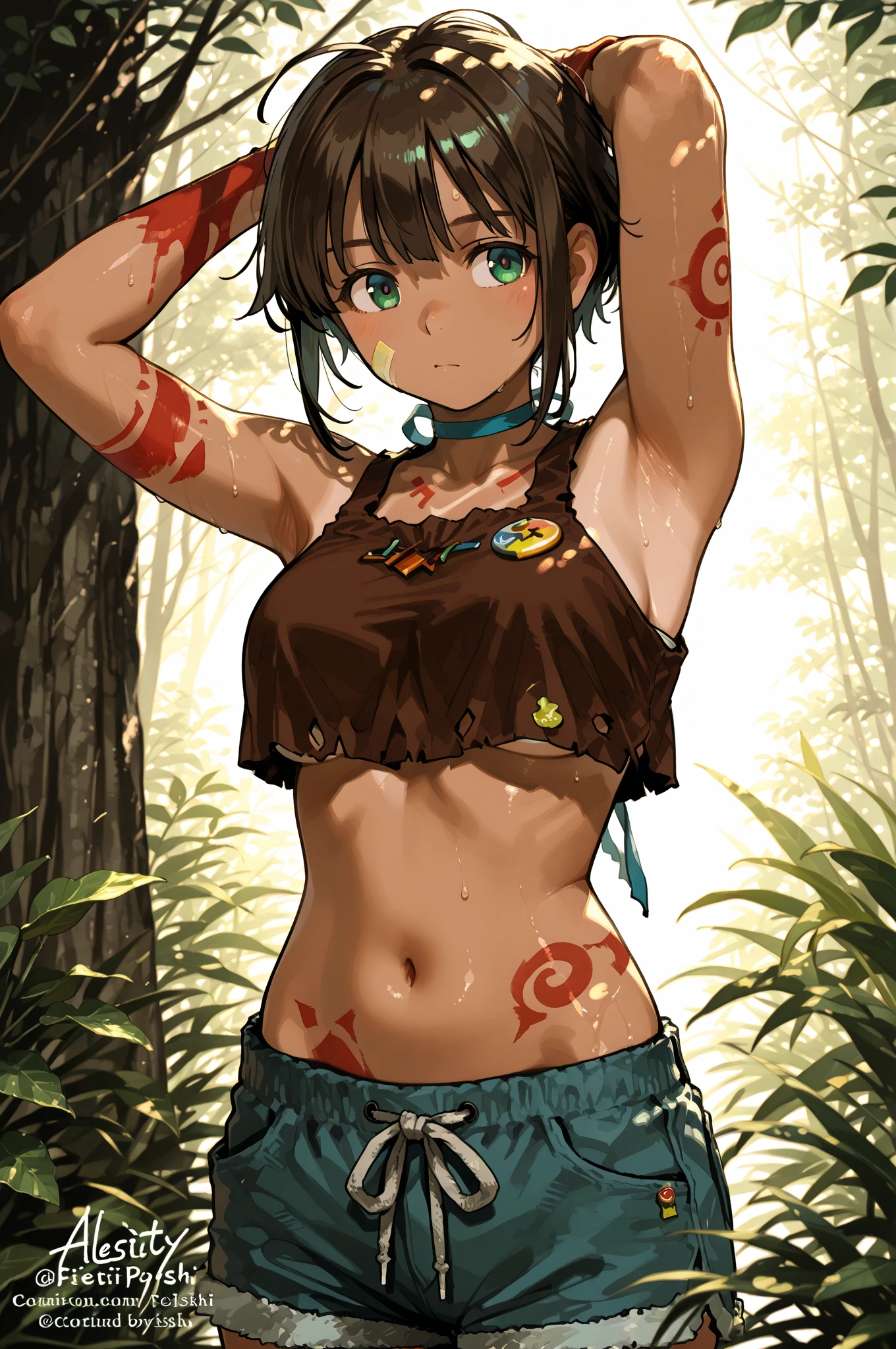 beautiful detailed girl,(masterpiece,best quality,extremely detailed:1.2),((cowboy shot:1.1)),(solo,10 years old,kawaii,slender,small :1.25),(pained look:0.8),((white ) in ((Torn school uniform)):2),(dirty:2),blush,shy,weep,standing,(deep forest:1.5),(hug:0.4),rating: general, newest, face