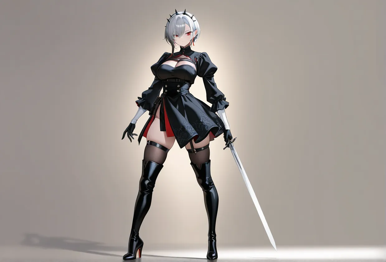 score_9, score_8_up, score_7_up,score_6_up, score_5_up, 1girl, 2b_(nier:automata), nier_(series), 1girl,  covered_eyes, white_hair, full body, stocking,  boots, carrying a sword,