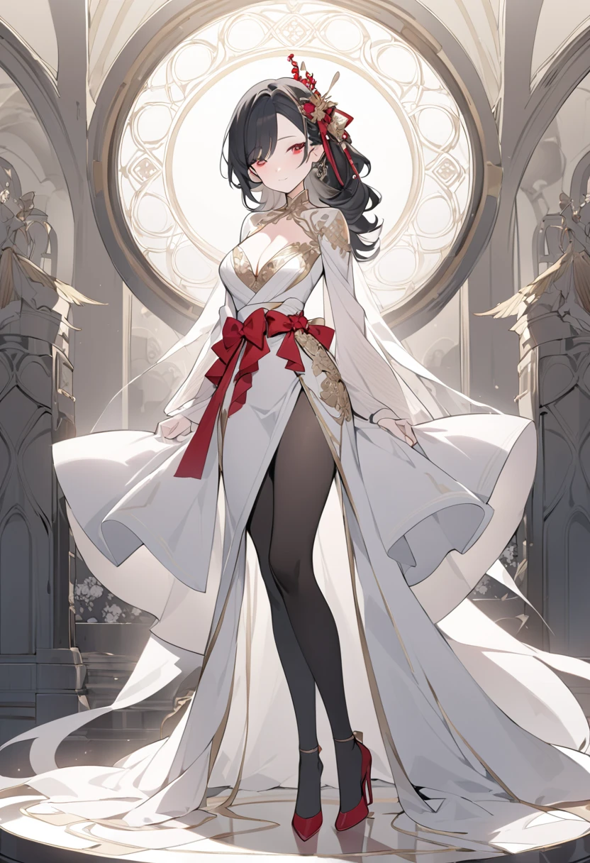 ((masterpiece, best quality)), Delicate face，magician，Gold and red，whole body，Standing picture，Long legs，Large Breasts，Gradient long wavy hair，Perfect body proportions，beautiful eyes，Extremely beautiful，， Pure white background，crystal，，Lace，Garter