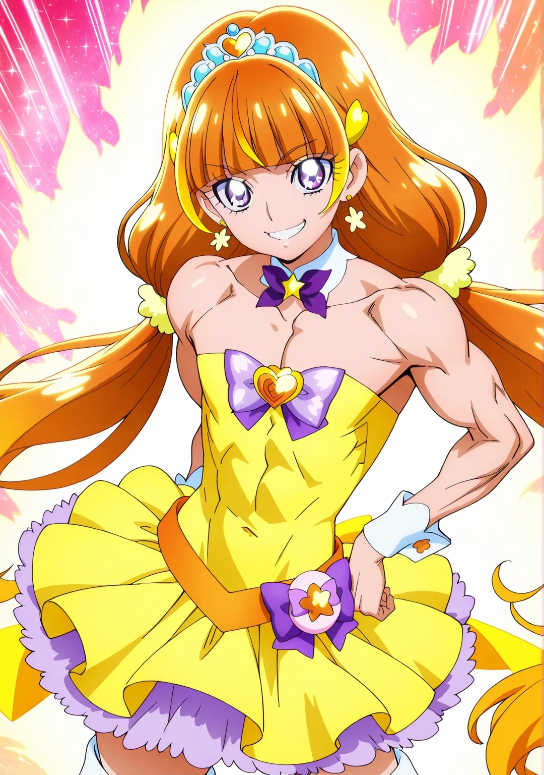 傑作、best quality、best resolution、best image quality、amazing quality、 very aesthetic、 absurdres、anime coloring、anime screencap、anime screenshot、1boy、cure twinkle is a boy warrior、(male:1.6)、official anime style、boy is wearing a yellow strapless dress、orange brown haired boy、official art、solo、long hair、orange hair、low tied long hair、multicolored hair、brown hair、two tone hair、gradient hair、streaked hair、blunt bangs、high short twintails hair、low two side up hair、quad tails、tiara、golden hair accessories、official art style、Jewelry brooch、muscular and strong、white boots、yellow mini dress、sexy、official anime artwork、thigh boots、strong muscles、yellow tutu skirt、purple bow、yellow bow、anime screencap、sparking magical boy、sexy atmosphere、purple lace mini skirt、layered skirt、ultra mega super hyper sexy、purple lace mini skirt underneath yellow tutu skirt、男性的で筋肉質、official artwork、anime prince、purple eyes、official anime artwork、muscular man、wrist cuffs、purple bow tie、orange belt、collarbone、trapezius、covered midriff、covered abs、covered navel、 covered stomach、bare pectoralis major、flat chest、biceps、biceps long head、biceps short head、triceps、triceps medial head、triceps lateral head、triceps long head、deltoids、anterior deltoids、middle deltoids、posterior deltoids、thigh muscles、semitendinosus muscles、covered hamstrings、covered adductor magnus muscles、official anime art、bare shoulders、bare arms、bare bare thighs、anime lewd boy、anime sexy boy、anime bratty boy、anime provocative boy、(manly:1.6)、yellow strapless dress、sexy boy、cool boy、adult boy、lewd boy、bratty boy、provocative boy、white thigh high boots、naughty smile、lewd smile、provocative smile、bratty smile、galaxy aura、the sun aura、the moon aura、lewd male、perfect body、perfect hands、perfect legs、male focus、looking at viewer、cure twinkle outfit、grin、elf ears、cowboy shot、(male body:1.6)、official style、(manly face:1.6)、official art、orange background、purple background、gradient background、two tone background、multicolored background、
