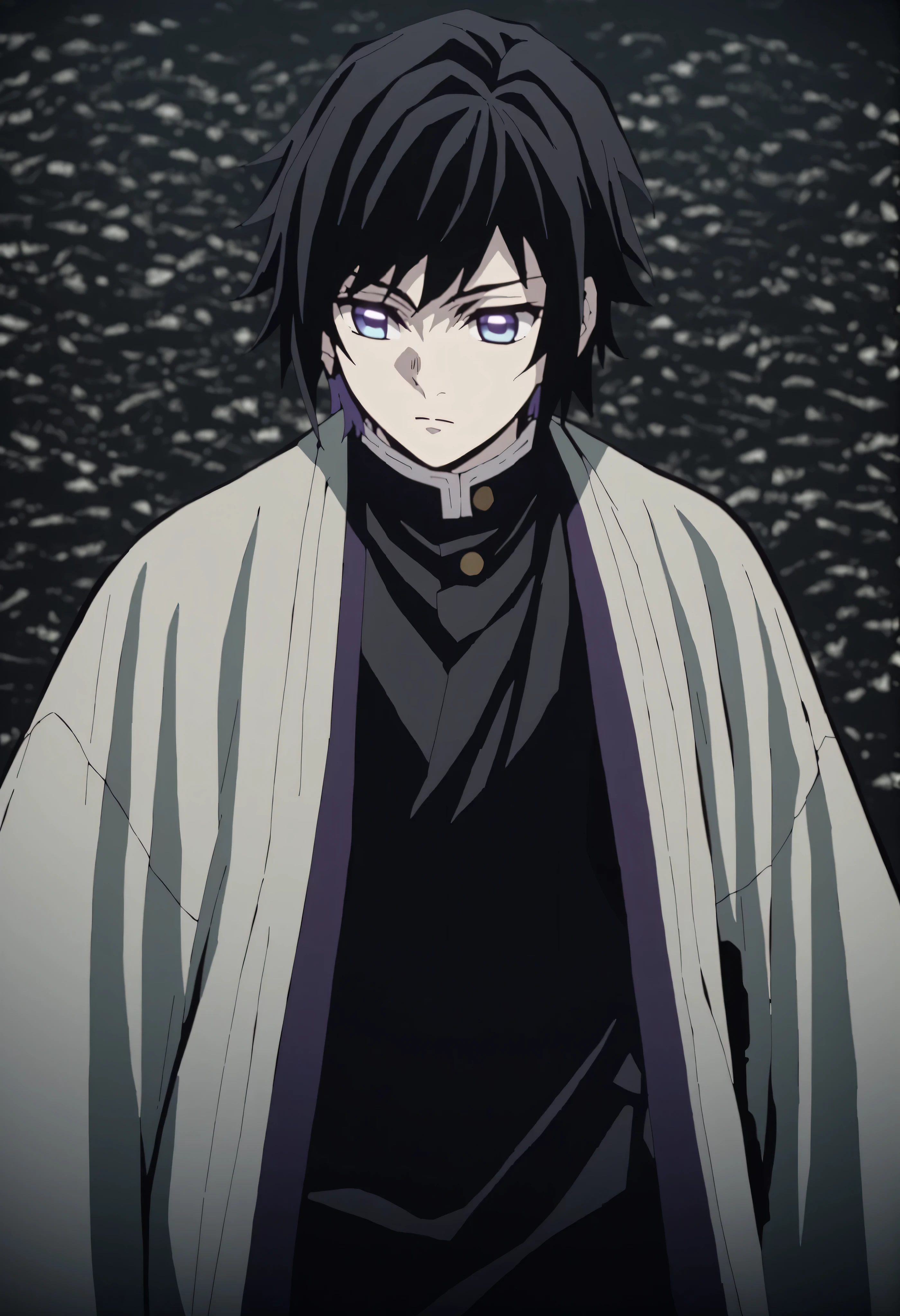(Anime scene: Enigmatic Forest. Character Focus) A young boy with pale skin and expressionless, baby blue tomioka eyes. His haircut is a mod cut, short on the sides and slightly longer on top, with straight or slightly diagonal bangs that can be worn forward or to the side, giving a casual yet elegant look. He wears a haori that's half eggplant purple with navy blue and wave patterns with broken flowers, and he carries a metallic blue sword. (Maximum quality, 4k)