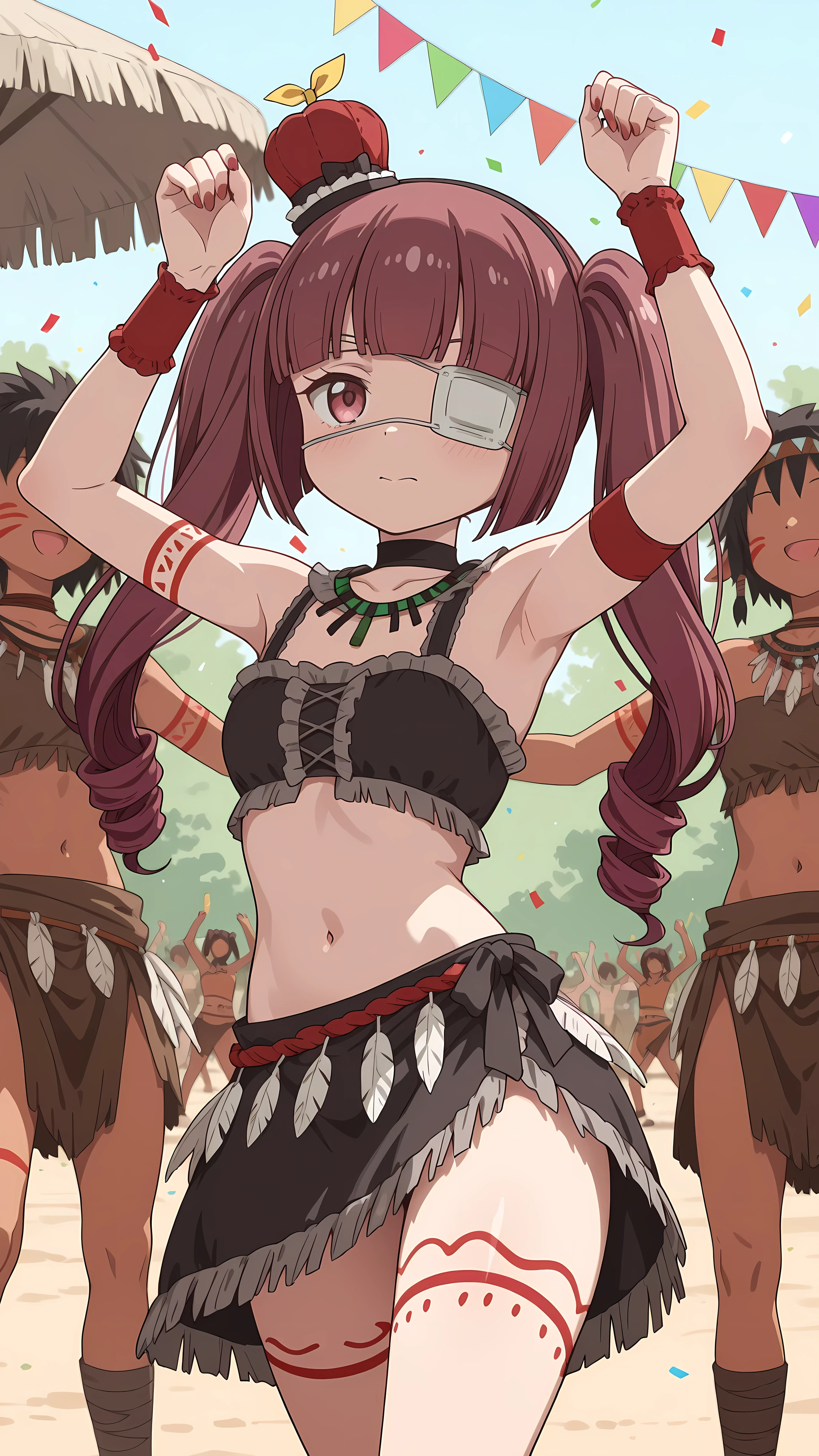 Hanazono Yurine, cowboy shot, thighs, tribal, party, dance, outdoor,