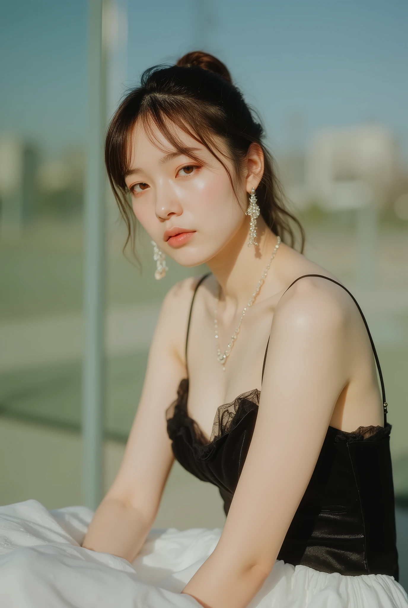 luxury fashion photo of a Japanese model wearing a specially designed black and white dress, (big boobs:1.5),tight waist shows proportions, The long skirt flutters, sexy pose, Realistic Sharp Face, Pastel Finished Backdrop, proportions by climbing the foot,Clean Specular Highlights、precise shadows、ultra high image quality、realistic skin texture、fine texture of premium fabric :: 85mm lens texture、shallow depth of field、Studio Proofreading White Balance、delicate film grain