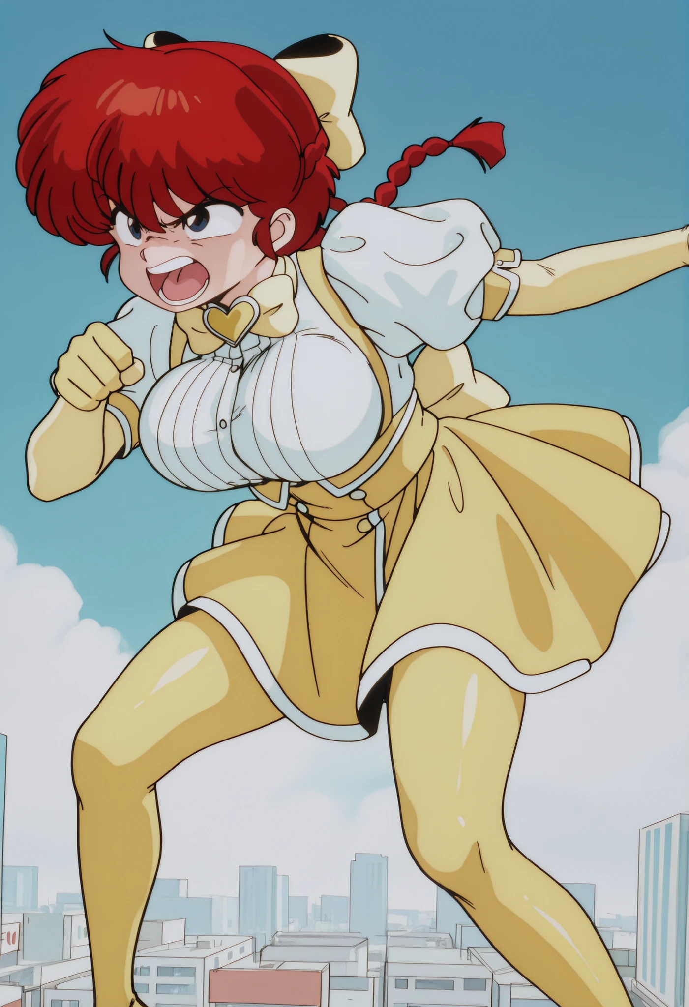 1 girl, ranma saotome, red hair, Hair with a braid, blue eyes, big breasts, NSFW, angry expression, angry, al aire libre, Japanese city, blue sky with white clouds, Ojos detallados, detailed breasts, sexy waist,  sexy hips, cosplay, Mahou Shoujo ni Akogarete cosplay, Magia sulfur cosplay, white dress, yellow dress, white blouse with large yellow bow, yellow corset with silver buttons, yellow skirt with ruffles, long yellow gloves, large ribbon on the back, heart-shaped ornament on the neck, pose sexy, beautiful wide lips, looking at the spectator, detailed mouth, alone, in front, fight pose, bouncing breasts,  screaming, sexy, detailed image,  long yellow stockings , yellow long heels, 
