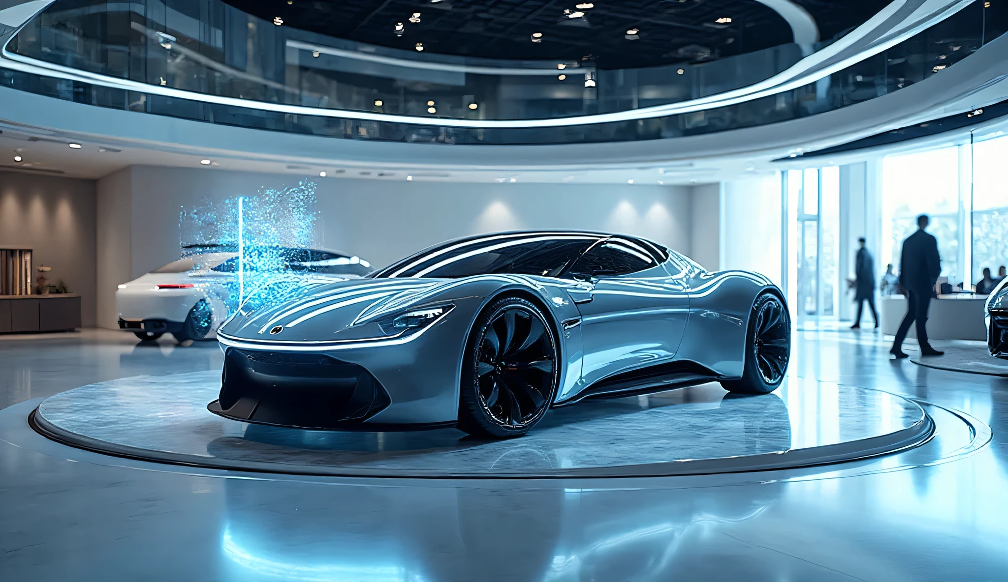 A sleek 2030 GM future concept car showcased on a rotating platform ...