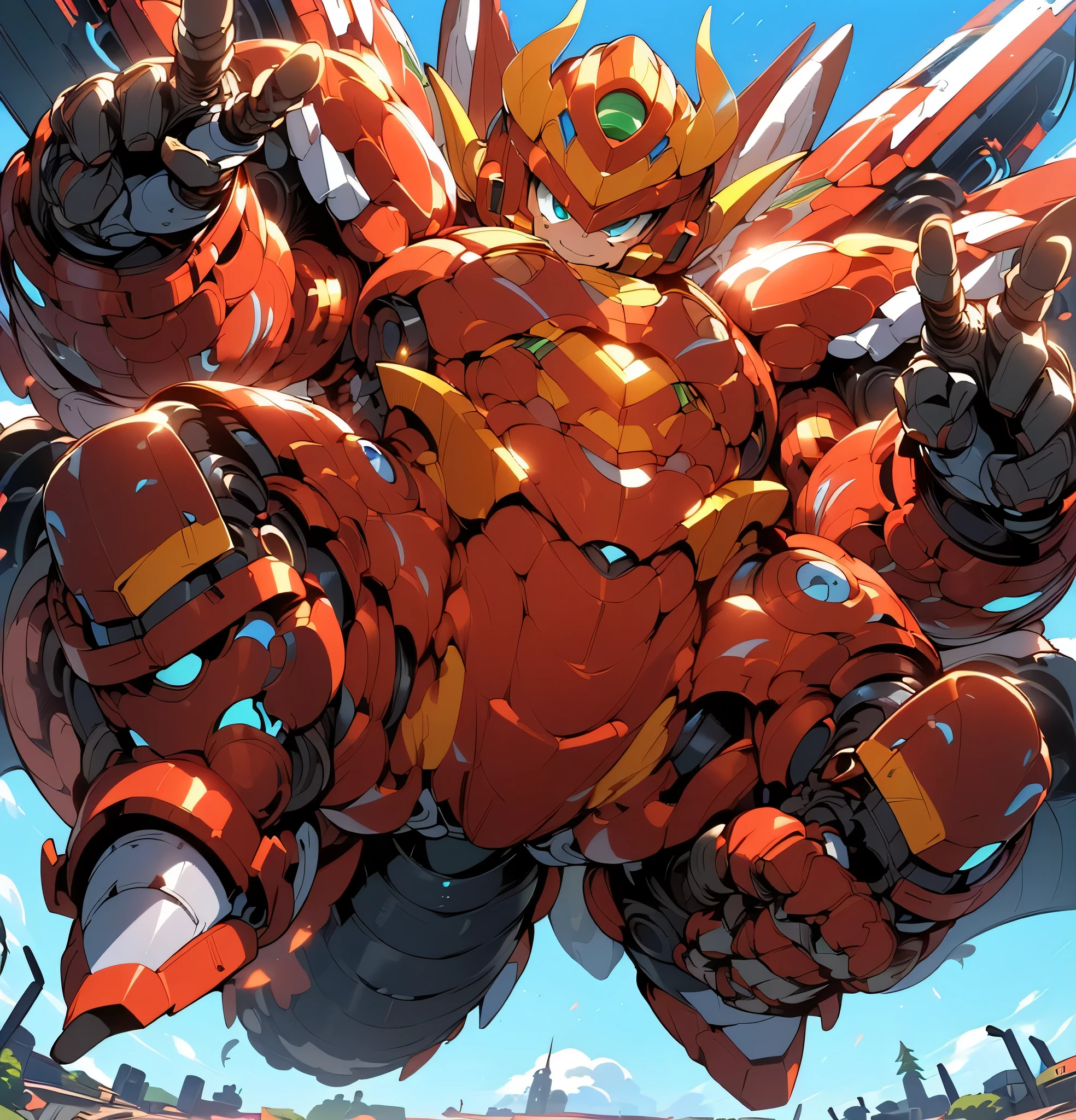 (((1 chibi boy in large robot costume, from below))), (smile face:1.5), (full helmet but open face area:2.0), (full helmet:2.0), 1boy, male child, (chibi), (bulky:1.8), (megaman face:1.6), (mechanical parts:1.3), (full dragonic armor:1.8), (mecha armor:1.8), (shoulder guards:1.2),(huger arms), (V-pose, victory pose, detailed fingers:1.5), cute boy, anime, ((mechanical arms:1.5)), (huger body:1.8), (heavy equipment:1.6), (looking down:2.0), landscape dwarfing, city destruction, robot joints, mecha, (RARS), (HRS), ROBOTANIMESTYLE, cute, ((masterpiece)), vibrant colors, 8k, best quality, ultra detailed illustration, ((best quality)), ((high resolution)), flawless skin textures, shiny oiled skin, extremely detailed anime eyes , extreme light and shadow