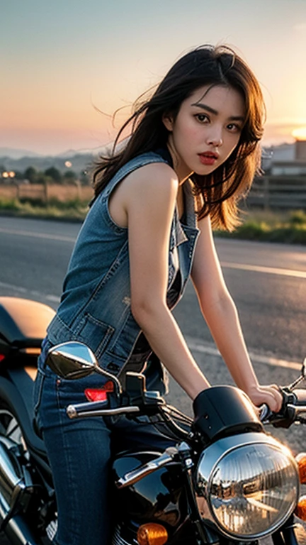 Woman riding a Harley,Long black hair with red highlights, Full Scene Shot, Highest quality, sunset, Step Path, The wind is blowing,Looking up at the sky， Beautiful woman, Outdoor Scene, Natural scenery, bikini, Umbilical cord , jeans，Cross Belt、Highly detailed face and skin texture, Fine grain,, whole body, Octane Rendering,Two-tone lighting,wide aperture,Low ISO,White balance, Driving a classic motorcycle, landscape