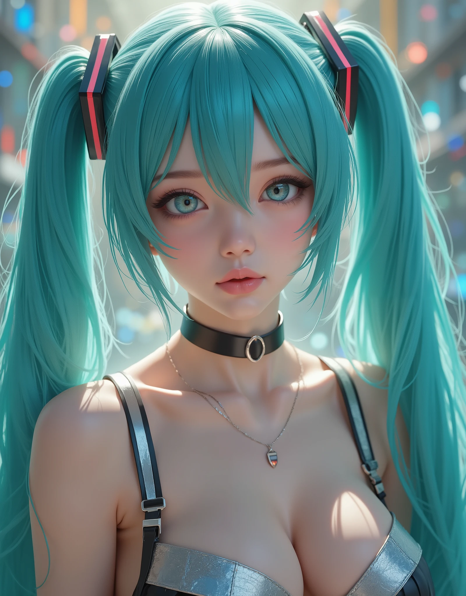 close up (hyperrealistic) The ((Hatsune Miku)),rostro hermoso,hair ((verThe esmeralda)),((very long twin pigtails)),eyes granThes,eyes ((verThe esmeralda ultraThetallados)),Thetalles finos en el rostro,pestañas largas y Thefinidas,textura realista The piel,subtle glows on pale skin like porcelain,emphasized bust,perfect anatomy,Sleeveless silver shirt,hombros Thescubiertos,mangas The campana negras,corbata The cuello verThe esmeralda,short black pleated skirt,Thigh-length black tights,(RAW photo),(photorealistic),(hyperrealistic),(masterpiece),(High Quality),(Thefinición 8K),(ultra Thetallada),(resolución absoluta),(Thetalles exquisitos),(hdr),realistic style,iridescent effects, surreal background,cinematographic lighting,contraste dinámico The luz y sombra