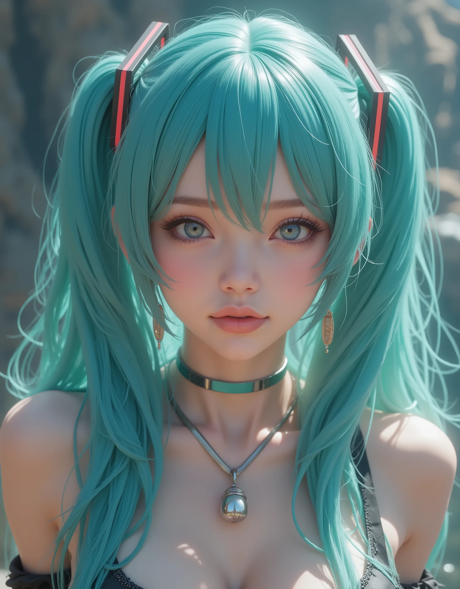 close up (hyperrealistic) The ((Hatsune Miku)),rostro hermoso,hair ((verThe esmeralda)),((very long twin pigtails)),eyes granThes,eyes ((verThe esmeralda ultraThetallados)),Thetalles finos en el rostro,pestañas largas y Thefinidas,textura realista The piel,subtle glows on pale skin like porcelain,emphasized bust,perfect anatomy,Sleeveless silver shirt,hombros Thescubiertos,mangas The campana negras,corbata The cuello verThe esmeralda,short black pleated skirt,Thigh-length black tights,(RAW photo),(photorealistic),(hyperrealistic),(masterpiece),(High Quality),(Thefinición 8K),(ultra Thetallada),(resolución absoluta),(Thetalles exquisitos),(hdr),realistic style,iridescent effects, surreal background,cinematic lighting,contraste dinámico The luz y sombra