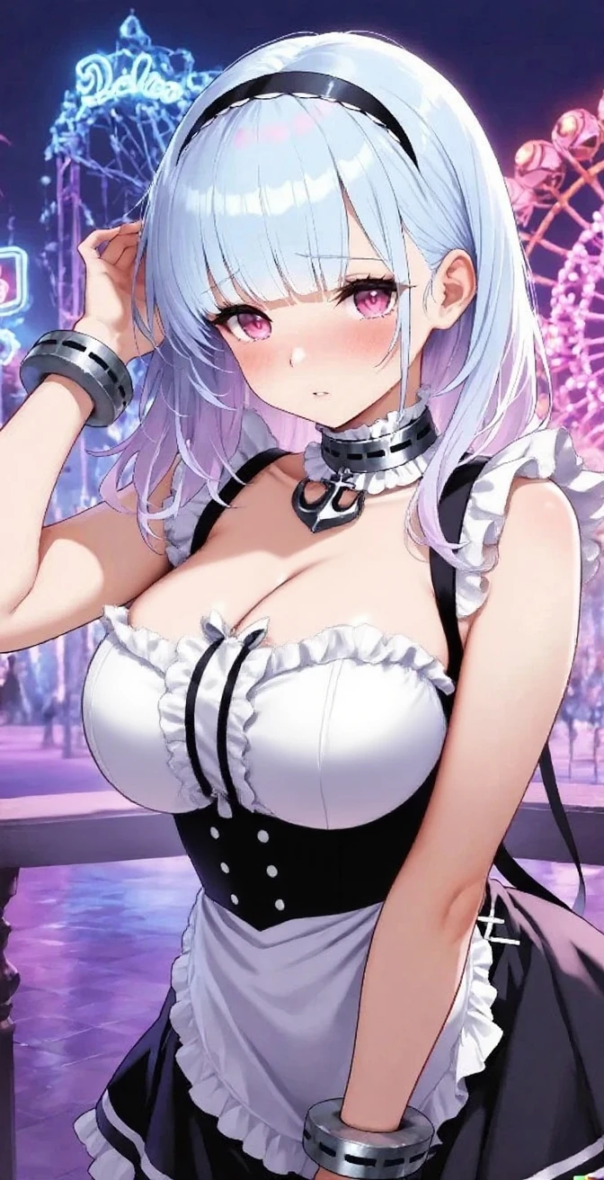 Silver hair, pink eyes, body, cat ears, , earrings, heart background fantasy,blue uniform, hair bow