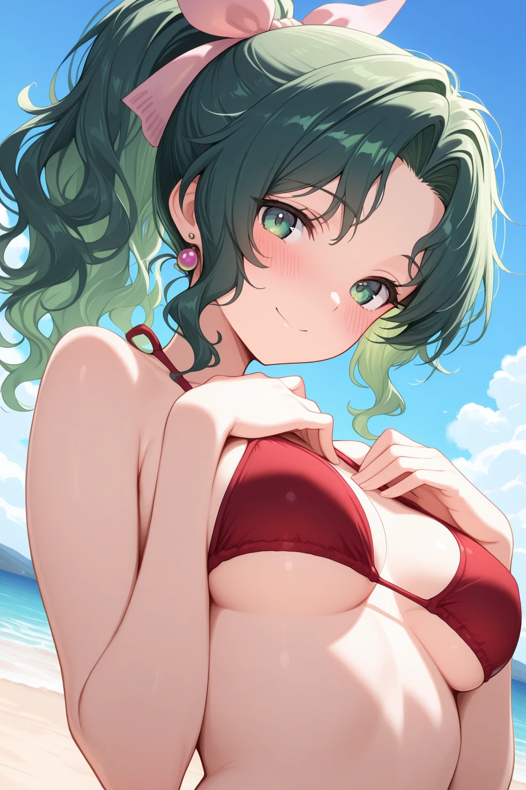 masterpiece, best quality, 1 solo girl, silver hair, yellow eyes, long hair, ??????????????, ???? body and face, wavy hair, white ??????, jewelry, bracelet, necklace, summer, beach, lying at the sand, ???? pose, cowboy shots, detailed body, face, and eyes, sharp focus, vibrant, creative, dynamic, high definition, high resolution, 8k, (Upscale: R-ESRGAN 4x+ Anime6mage enchance:4x), voluptuous body, cinema lightning, dakimakura style,