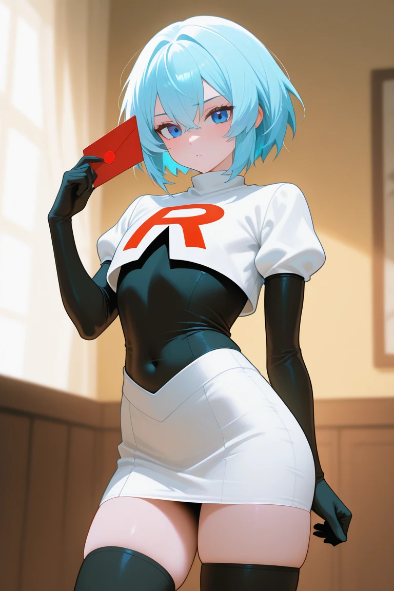 masterpiece, best quality, highres, aaxion, short hair, team rocket,team rocket uniform,white skirt,red letter R,crop top,black thigh-highs,black elbow gloves, cowboy shot, 
