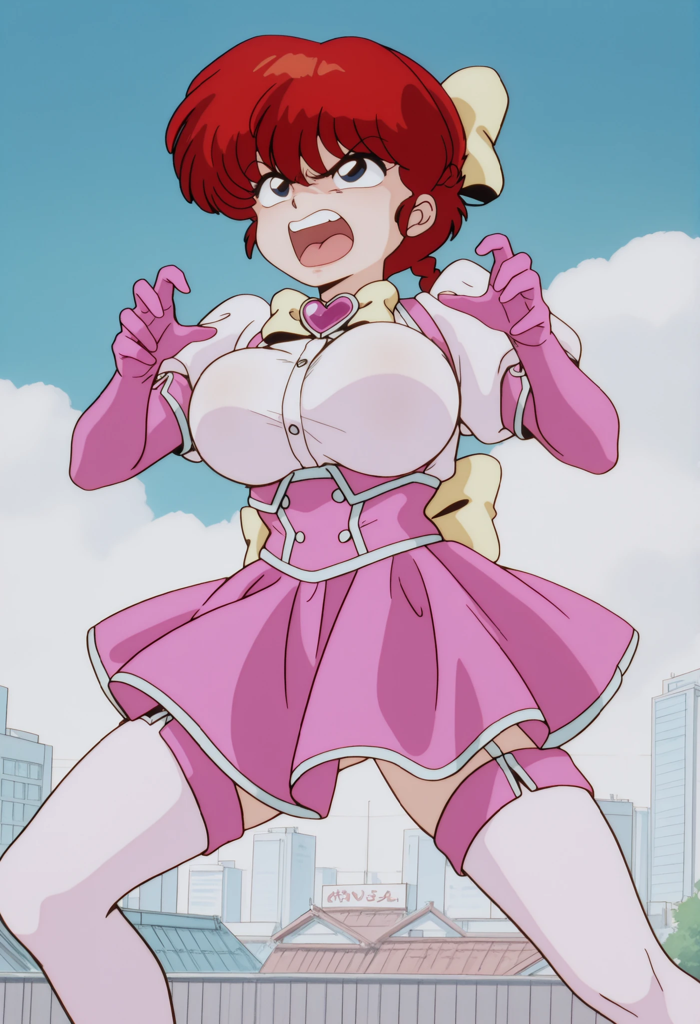 1 girl, ranma saotome, red hair, Hair with a braid, blue eyes, big breasts, NSFW, angry expression, angry, al aire libre, Japanese city, blue sky with white clouds, Ojos detallados, detailed breasts, sexy waist,  sexy hips, cosplay, Mahou Shoujo ni Akogarete cosplay, Magenta magic cosplay, white dress, magenta dress, white blouse with large magenta bow, magenta corset with silver buttons, magenta skirt with olanes, magenta long gloves, large ribbon on the back, heart-shaped ornament on the neck, pose sexy, beautiful wide lips, looking at the spectator, detailed mouth, alone, fight pose, bouncing breasts,  screaming, sexy, detailed image, magenta stockings, magenta long heels, 