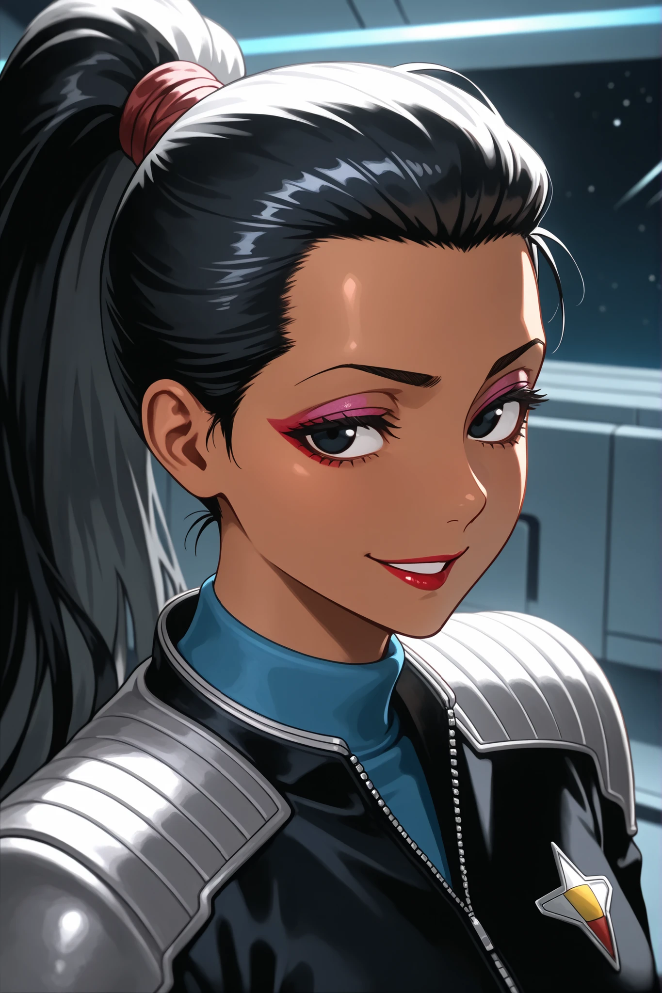 Masterpiece, highly detailed, beautiful African American woman, character, Star Trek, darker skin, thin eyebrows, makeup and lipstick, chiseled facial features, black eyes, tarume eyes, friendly smile, black hair, messy high ponytail, ds9st,black and grey star trek uniform,grey shoulders,blue neck,black jumpsuit, Enterprise sick bay set, Bleach art style, flat angle shot,