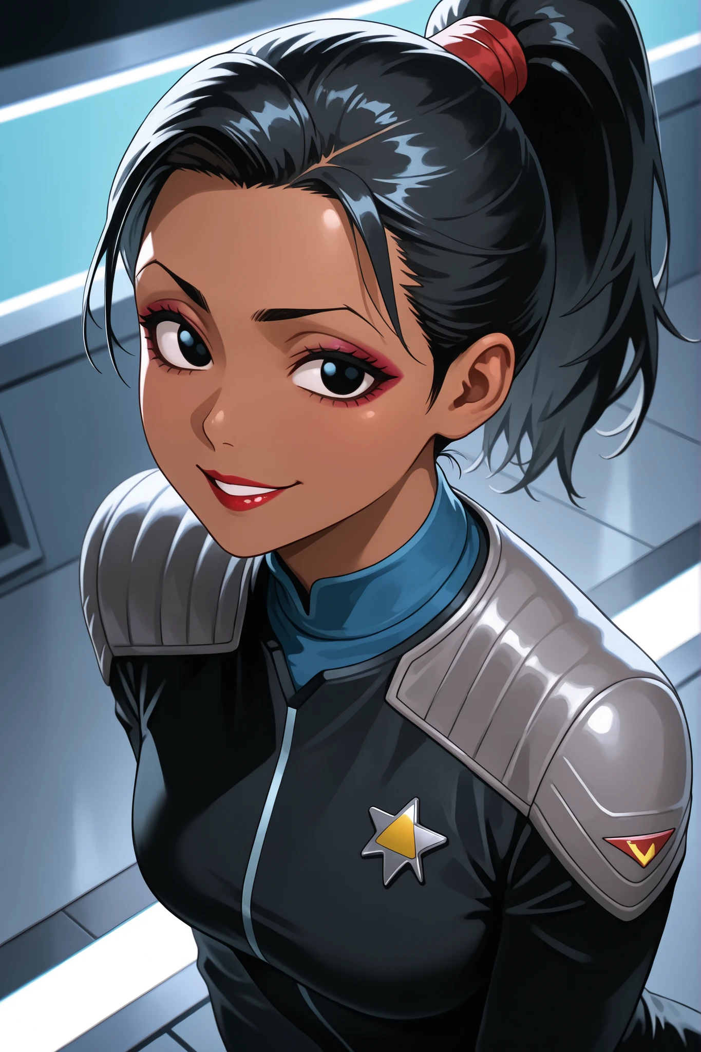Masterpiece, highly detailed, beautiful African American woman, character, Star Trek, darker skin, thin eyebrows, makeup and lipstick, chiseled facial features, black eyes, tarume eyes, friendly smile, black hair, short high ponytail, ds9st,black and grey star trek uniform,grey shoulders,blue neck,black jumpsuit, Bleach art style, flat angle shot, 