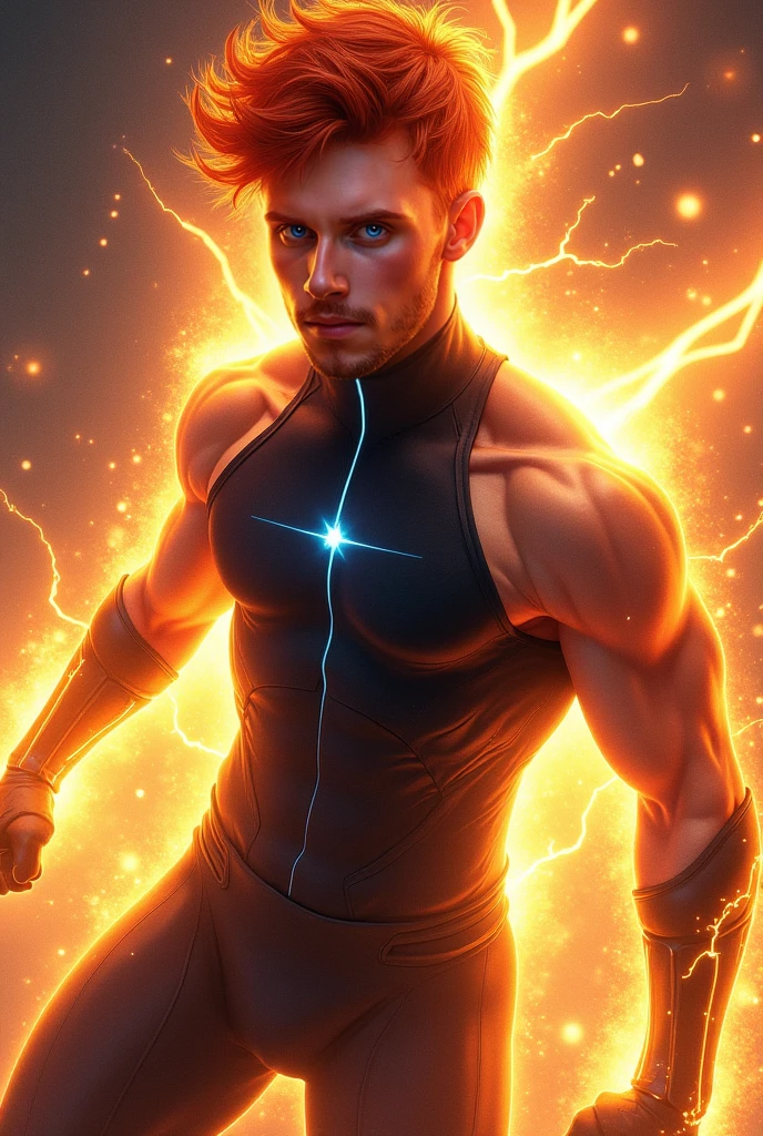 Quarter body photorealistic handsome hunky fractal masculine red haired vesto  wearing a orange with gold   crystal chrome glass trimmings super suit , look at camera, detailed face parts,, fire as background, Freestyle Pose, Happy Expression, perfect , symmetric body,, 18 years old,  :: high detail, a lean athletic body, realistic, human skin, extremely detailed fingers,  chad chin,, masculine, human skin, , gorgeous, Attractive. super bulges in action . camera focus face front 