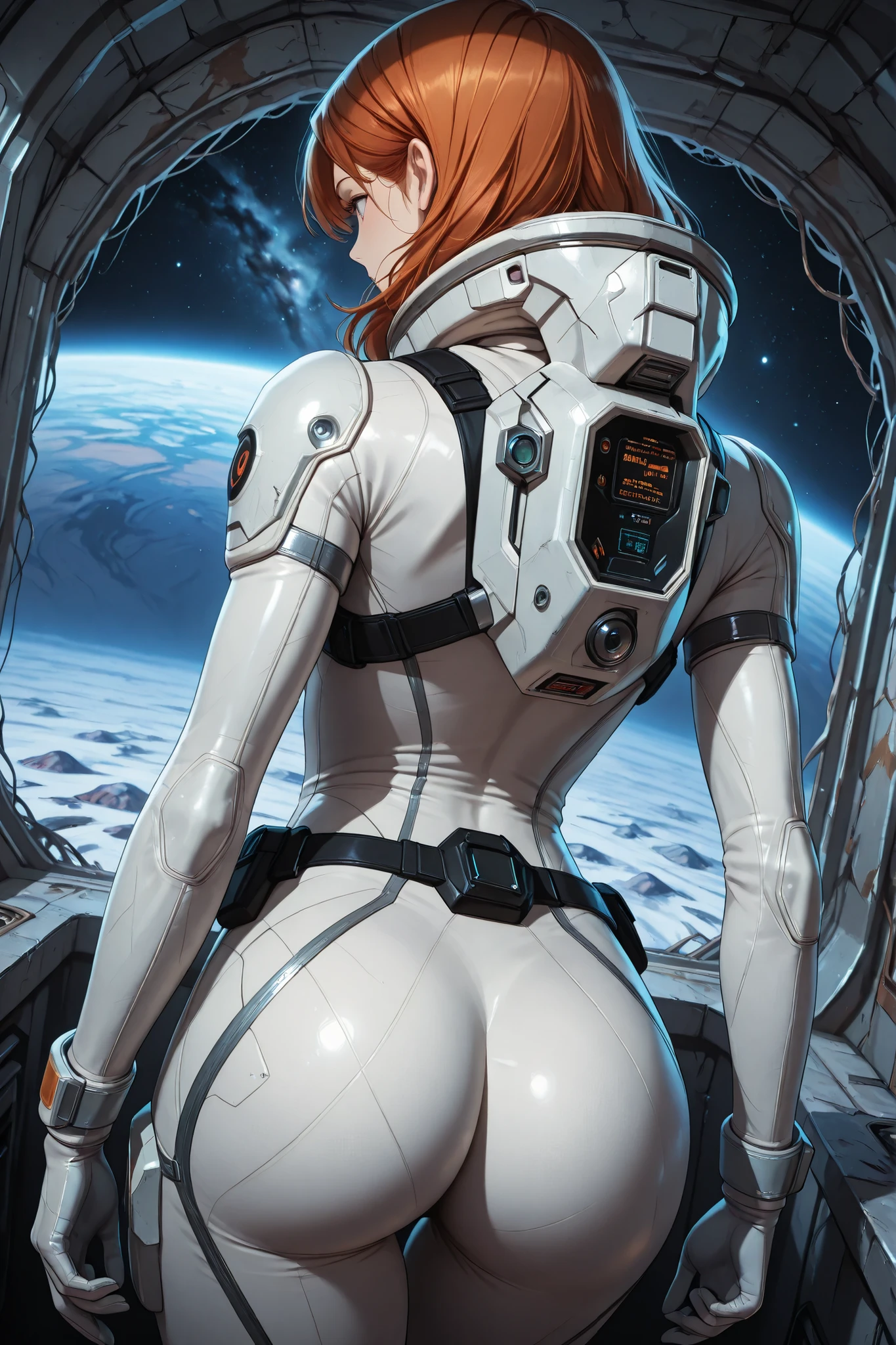 high resolution images, masterpiece, Highest Quality, amazing quality, official art, Highly detailed, Wallpaper, 1 girl, slim frame, A very attractive and slim woman wearing a tight spacesuit walks in an abandoned planet, view from behind, ass, dynamic angle,