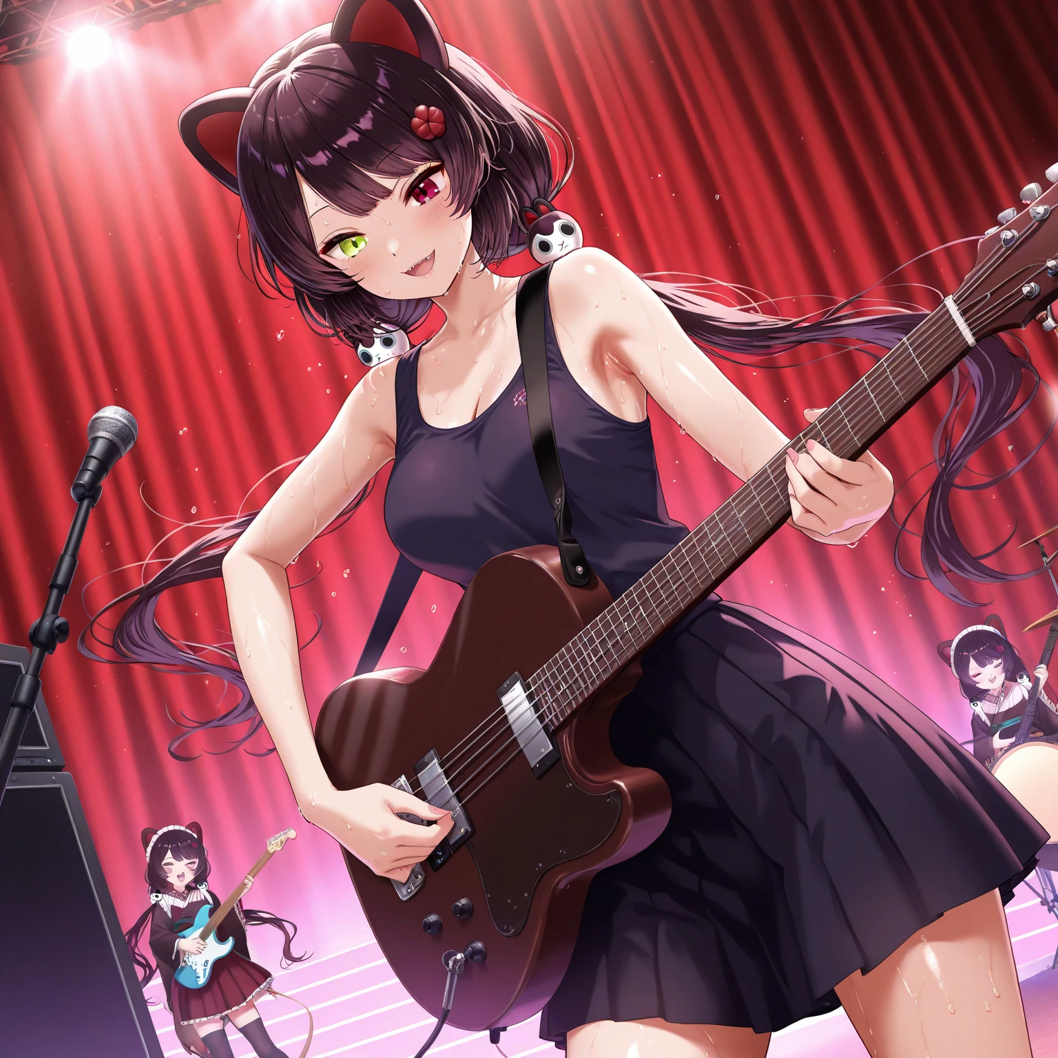 (masterpiece, best quality, very aesthetic, absurdres, general), 1 girl, cat ear, short ponytail, cute, kawaii, blunt bangs, short sideburns, red bow, focus on the face, fisheye, guitar,particles of light,hi shot