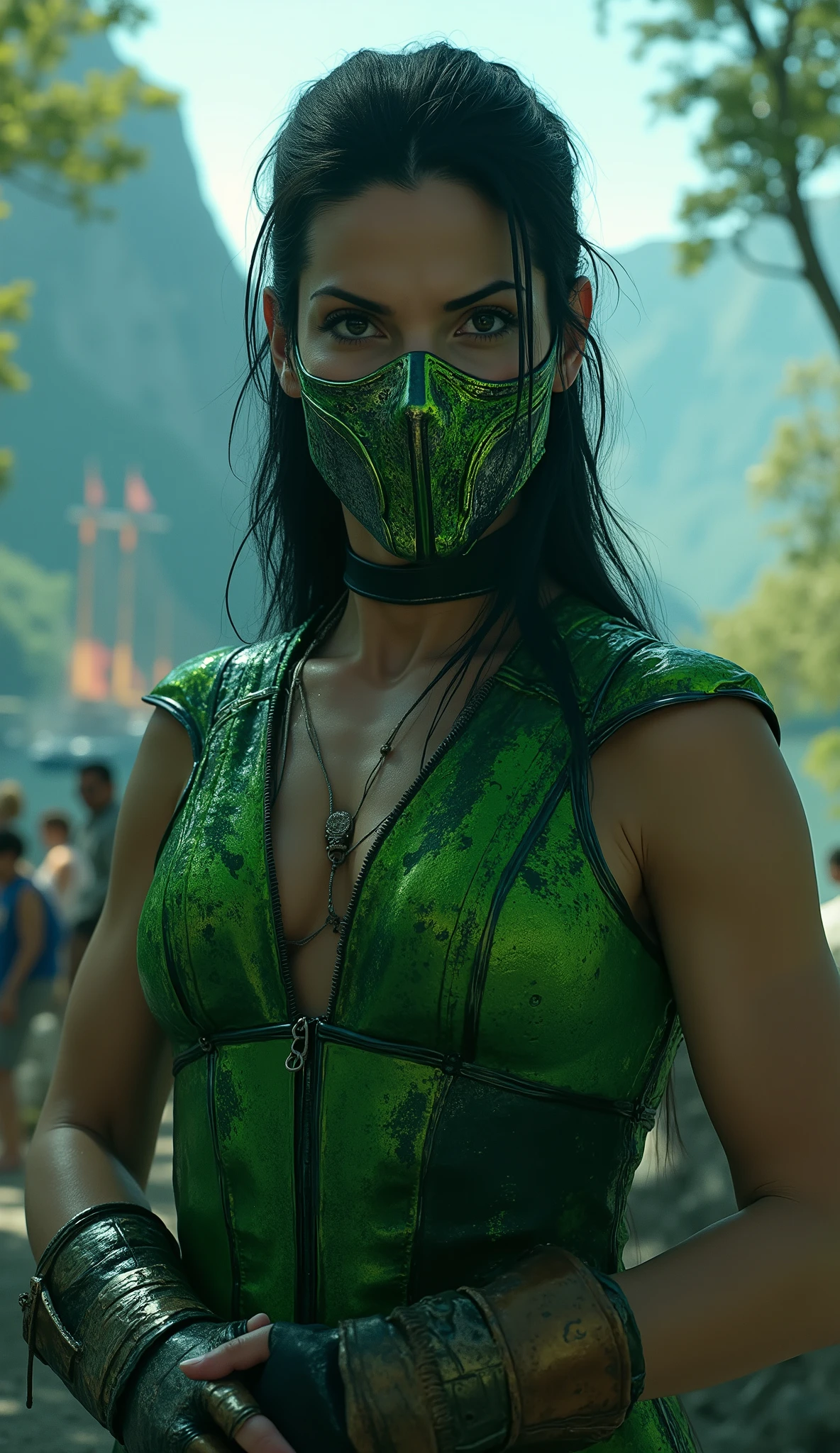 Sandra Bullock like Jade from Mortal Kombat with a green costume and a green metal mask that covers only her mouth in the background pears and boats in high quality and shine trees people giant ship mountains neon light blue cinematic light in 8k