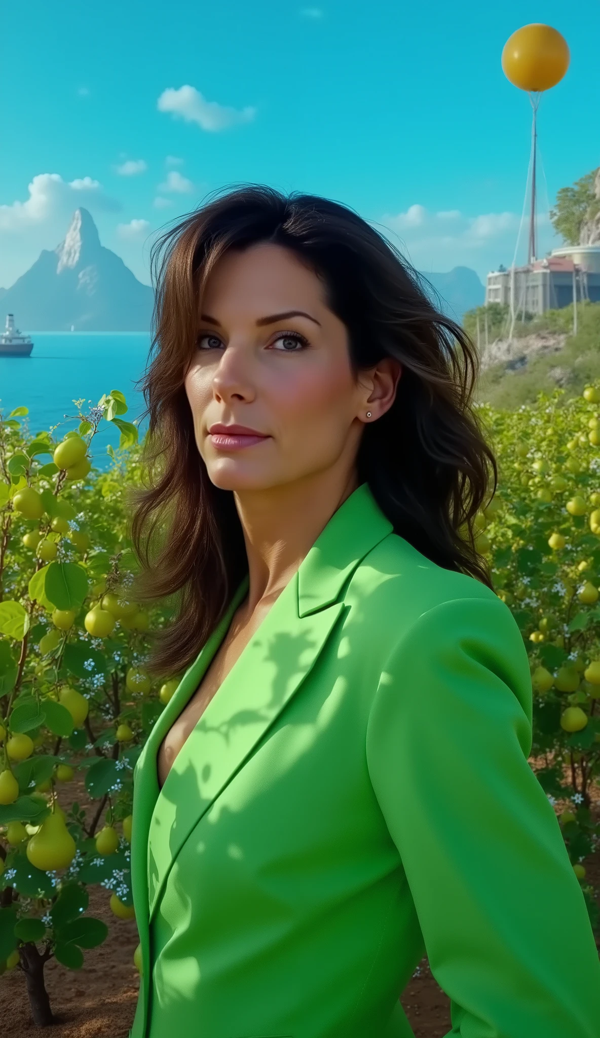 Close up Sandra Bullock with green suit in the pear background and boats in high quality and glitter trees people giant ship mountains neon light blue movie light in 8k
