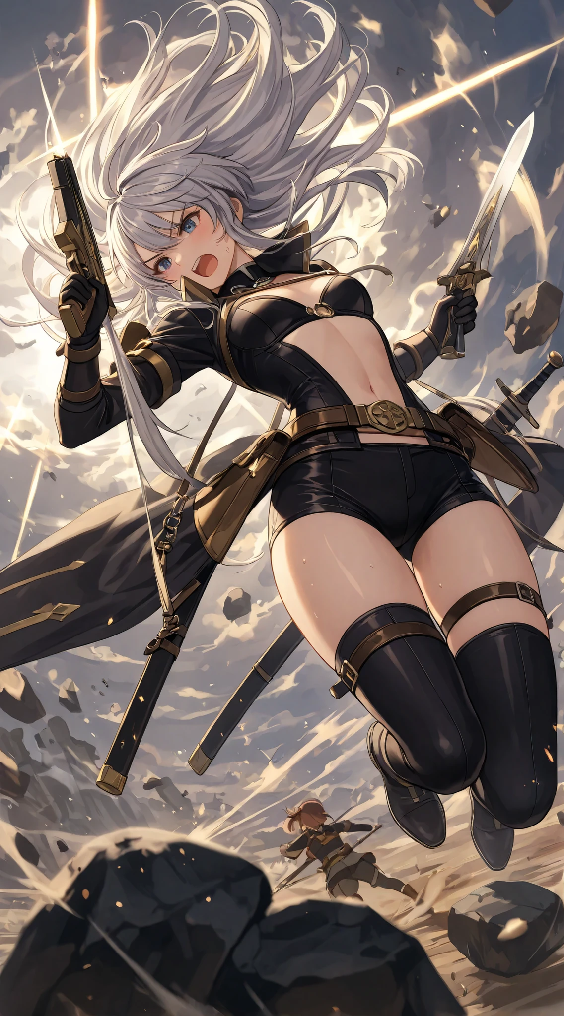 masterpiece, top quality, detailed description, Silver-Haired Female Adventurer, Battle Action, The moment you defeat an enemy, long silver hair, Hair Fluttering in the Wind, Jumping Figure,  Aerial Poses , natural body, Highly Exposing Battle Suits, Costumes that sway as you move, Leather Straps, top with open , shorts, thighs exposed, weapons in both hands , The Moment You Swing Down Your Sword, Magical Trails, Collapsing enemies, shattering rock, sense of speed, dynamic composition,  Excitement of Battle , Powerful Angle