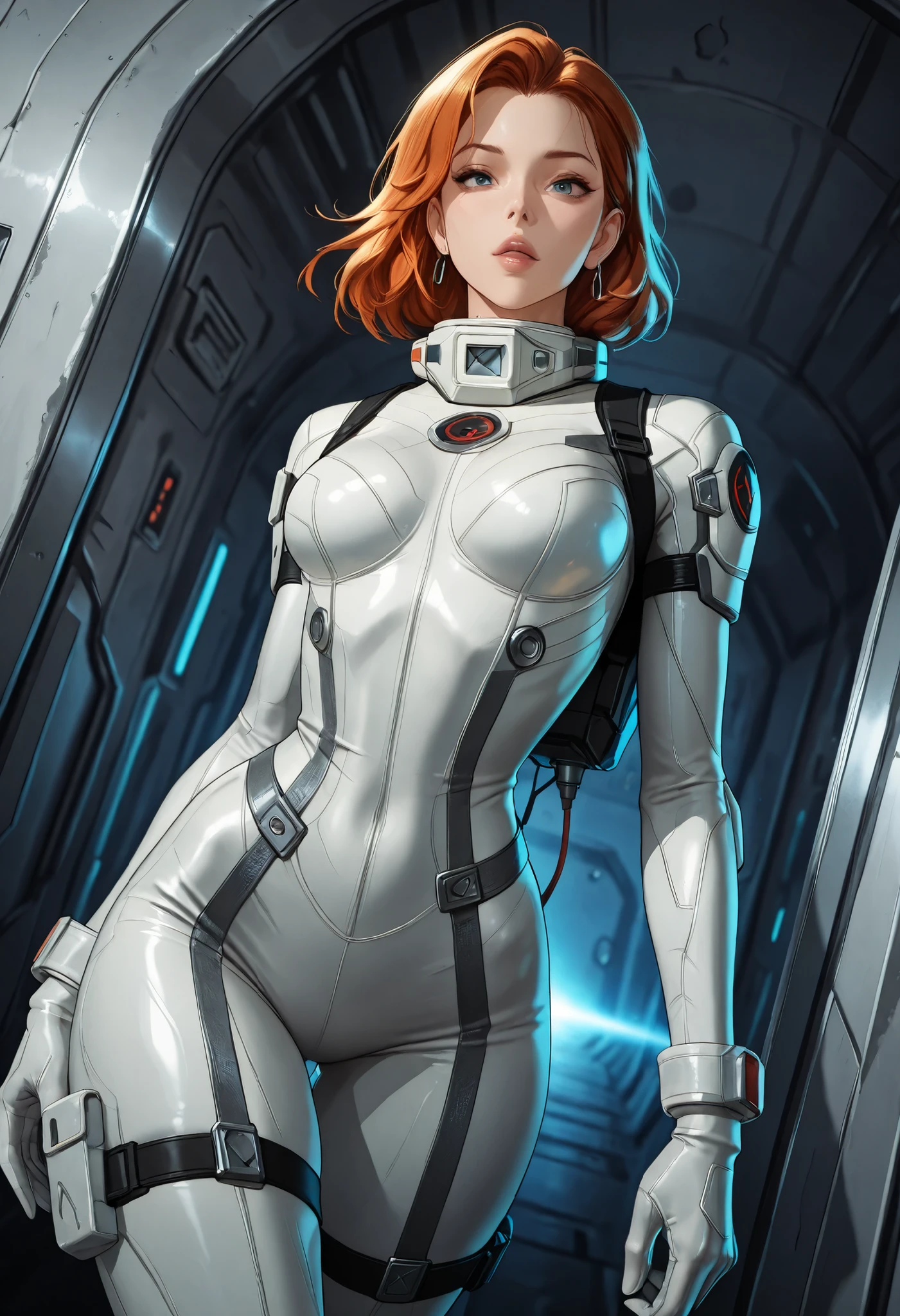 high resolution images, masterpiece, Highest Quality, amazing quality, official art, Highly detailed, Wallpaper, 1 girl, slender, wide hips, A very attractive and slim woman wearing a tight spacesuit walks through the corridors of an abandoned and decaying space station in a futuristic world. dynamic angle,