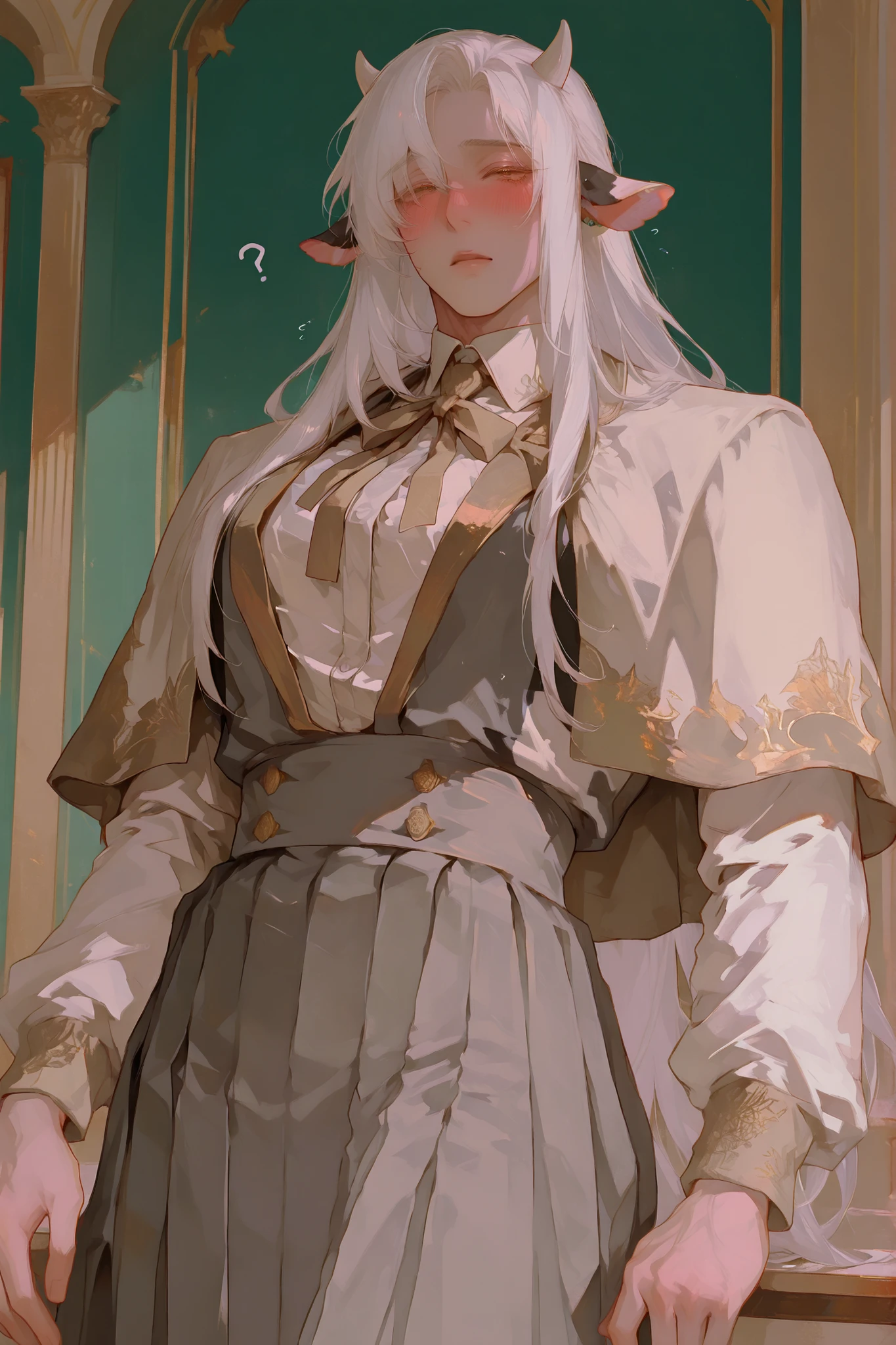 (Only a cow) A chubby semi-human dairy cow, very long white hair, low column, small dairy cow horns, dairy cow ears, Young Beautiful Face , beautiful body, soft skin , soft body ,large pectoral muscles , Toned hips , tender eyes, confused blushing., wearing school uniform , dress. villa palace setting.