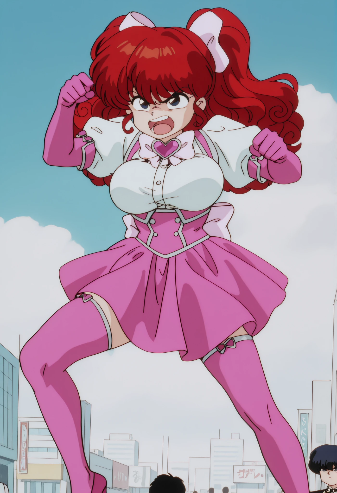 1 girl, ranma saotome, red hair, Hair with high ponytails with large drill-type spiral curls, symmetrical, split bangs and loose locks framing the face, blue eyes, big breasts, NSFW, angry expression, angry, al aire libre, Japanese city, blue sky with white clouds, Ojos detallados, detailed breasts, sexy waist,  sexy hips, cosplay, Mahou Shoujo ni Akogarete cosplay, Magenta magic cosplay, white dress, magenta dress, white blouse with large magenta bow, magenta corset with silver buttons, magenta skirt with olanes, magenta long gloves, large ribbon on the back, heart-shaped ornament on the neck, pose sexy, beautiful wide lips, looking at the spectator, detailed mouth, alone, fight pose, bouncing breasts,  screaming, sexy, detailed image, magenta stockings , magenta long heels, 