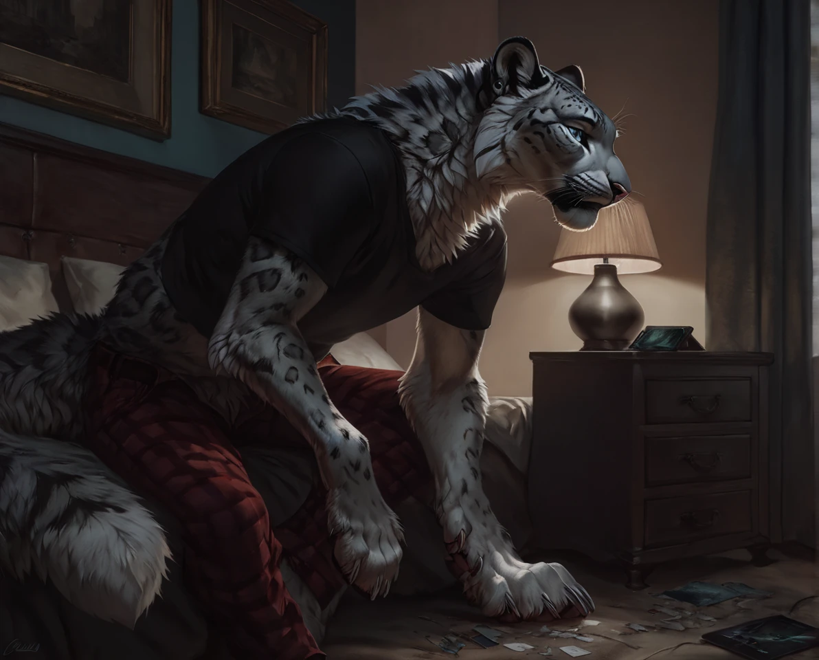 (yinhu:1.3), score_9, score_8_up, score_7_up, score_6_up, tiger, anthro, solo, male, mane hair, beard, eyes closed, sleeping, , on bed, on back, blanket, night, dark theme, dim lighting, bedroom, nightstand,  high-angle view,
<lora:BlackMythYinHu_1.0.18:1><lora:lowlight:1>