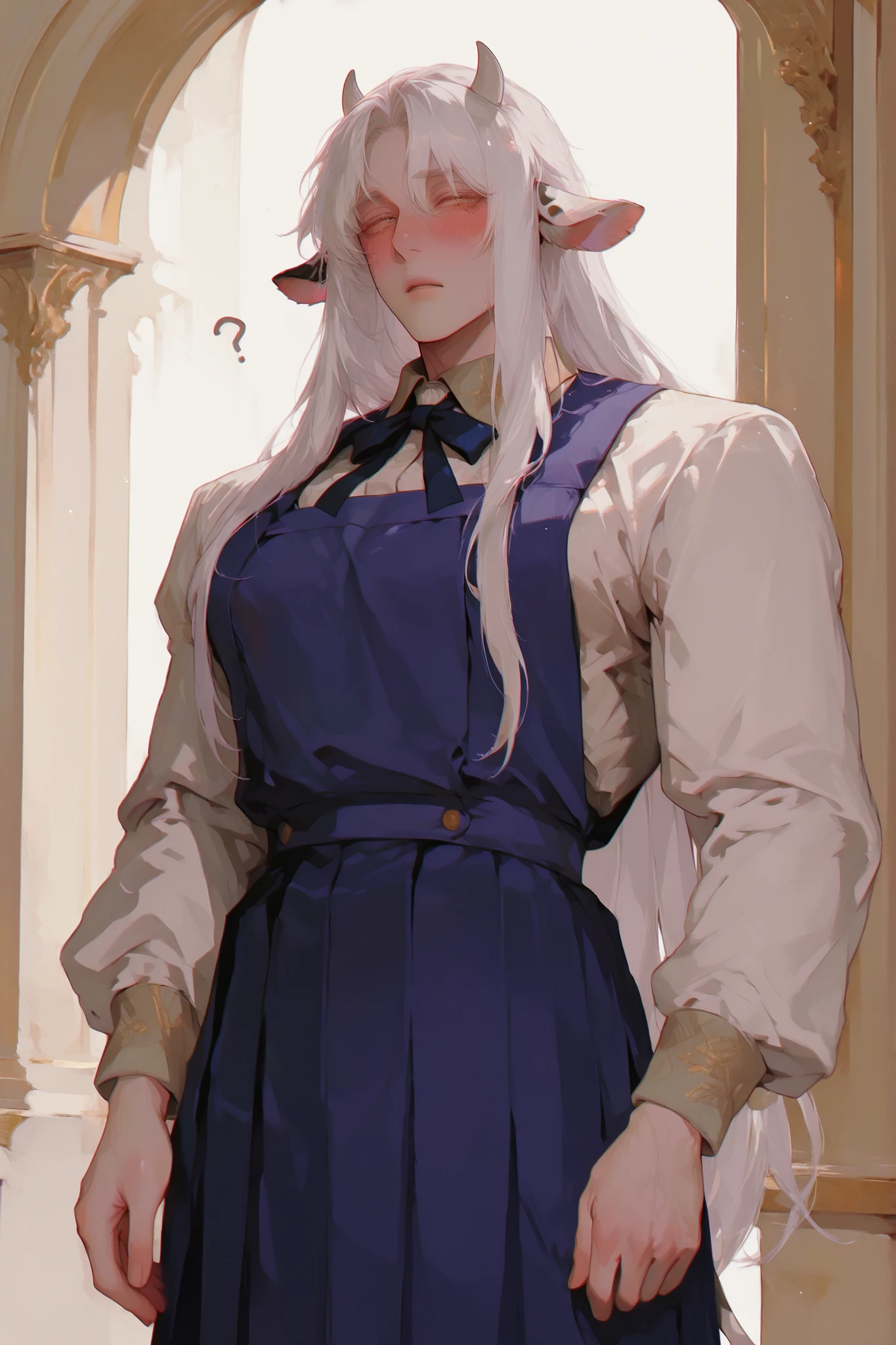 (Only a cow) A chubby semi-human dairy cow, very long white hair, low column, small dairy cow horns,  dairy cow ears,  Young Beautiful Face , beautiful body,    soft skin ,    soft body    ,large pectoral muscles ,  Toned hips , tender eyes, confused blushing., wearing school uniform , dress. villa palace setting.