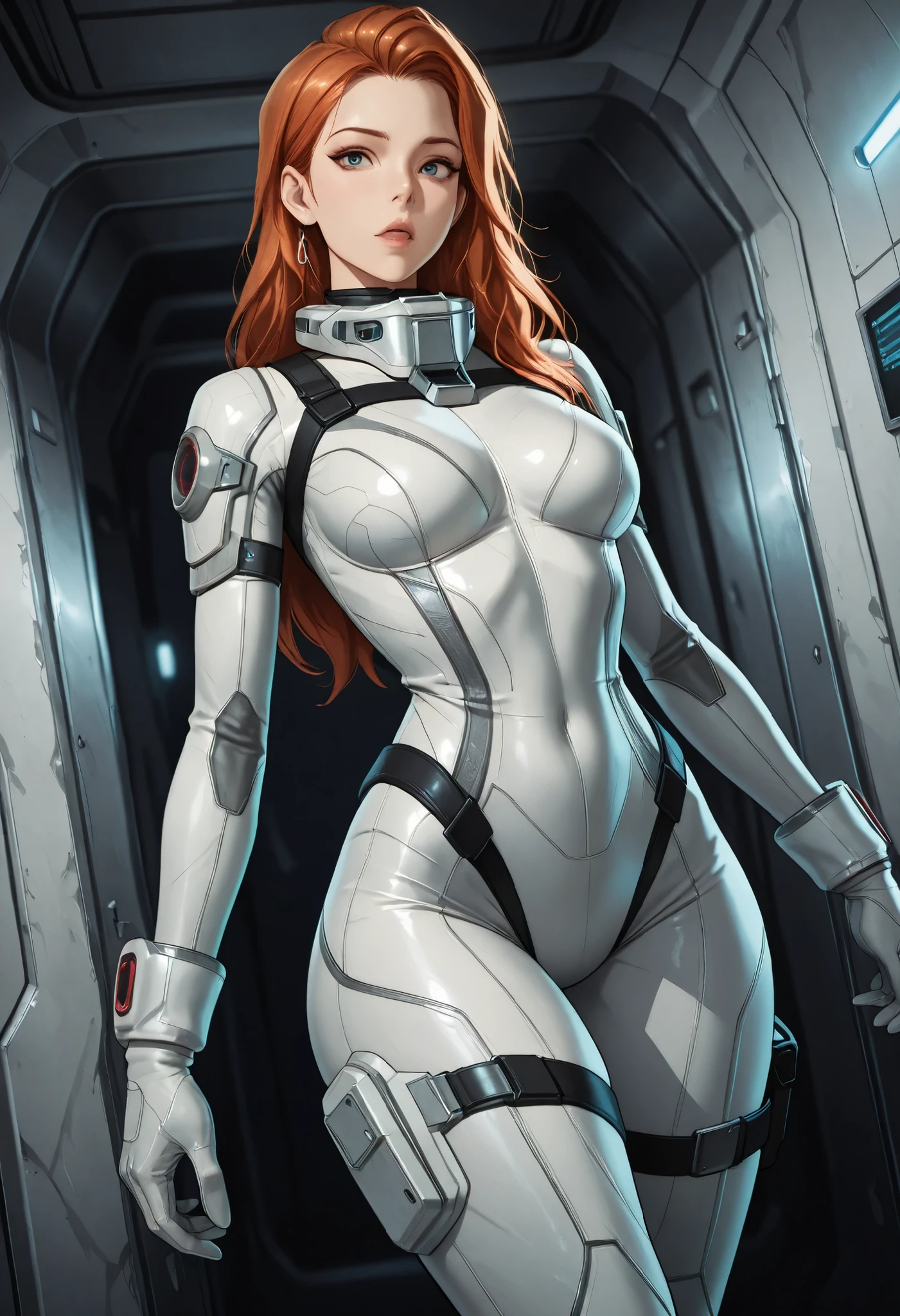 high resolution images, masterpiece, Highest Quality, amazing quality, official art, Highly detailed, Wallpaper, 1 girl, slender, wide hips, fit thighs, A very attractive and slim woman wearing a tight spacesuit walks through the corridors of an abandoned and decaying space station in a futuristic world. dynamic angle, 