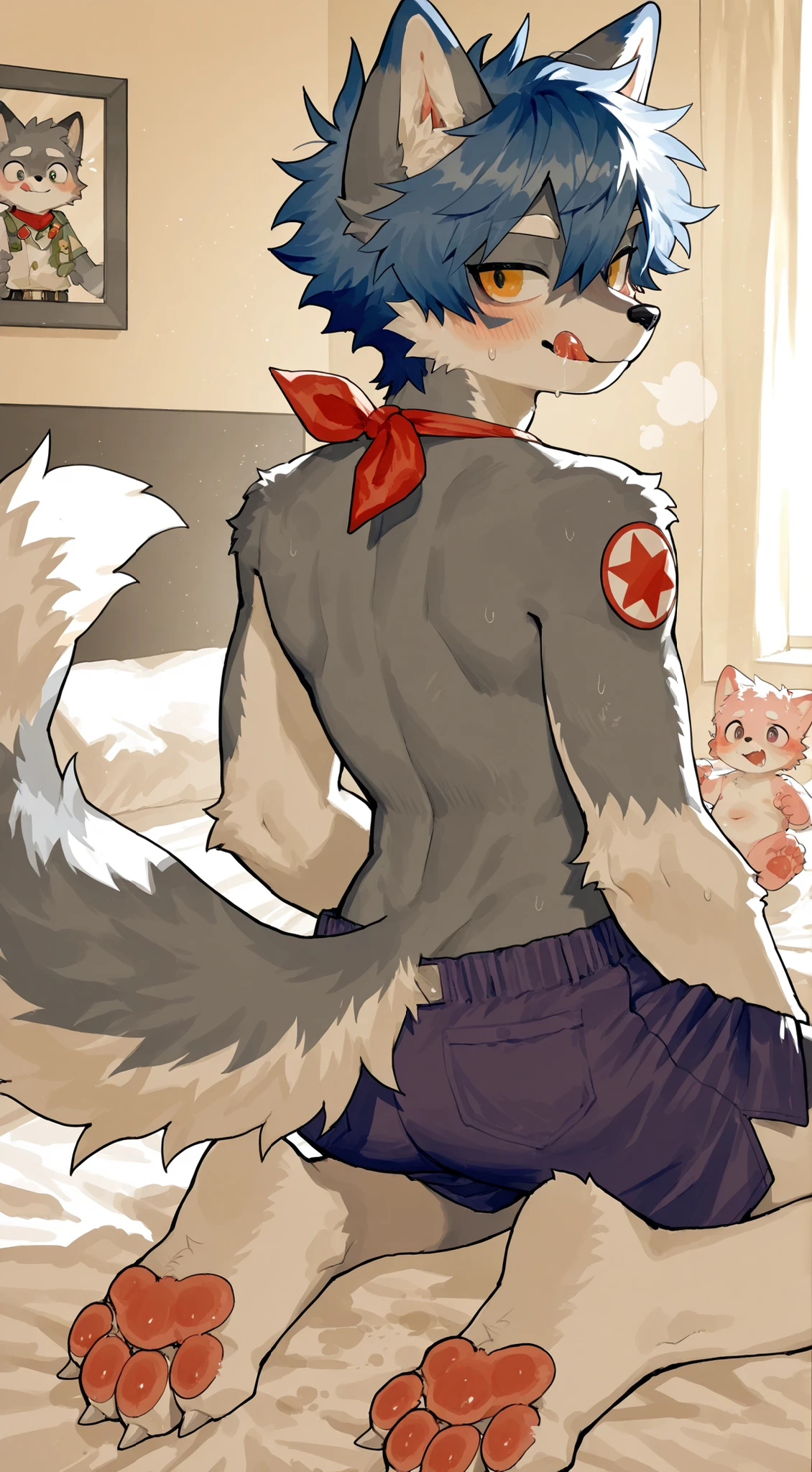 Fraction_9,Fraction_8_Up,Fraction_7_Up,Fraction_6_Up,Fraction_5_Up, source_ furry, Hadrian , furry male, , baby wolf scout ,((boy)), wolf boy, short hair,masterpiece after sex, Newest,high-resolution, incredibly high-resolution, messy hair, cute anthro, unattached,,Back,looking Back, viewers, Licking lips , giggle, shorts,Kneeling,claw pads ,pink claw pads , in bed,, Blush , to milkytiger1145 , author:k0bit0wani,( cute),boy,single, unattached, solo
