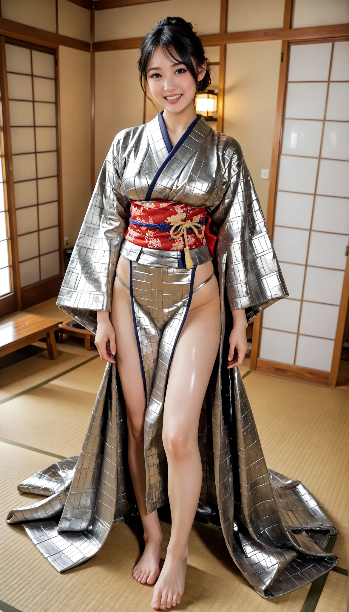 最High Quality 、High Quality 、 最high definition、high definition、8K quality、high image quality 、最High Quality、 masterpiece 、immersive video、 very realistic images of the floor at night 、Realistic Paintings、 perfect details 、 from out of view High contrast 、High Fidelity、 perfect pictures without blur、close to reality、 image faithfully reproduced down to the smallest detail、 EXQUISITE AND REALISTIC WEAPONS 、 Exquisite and realistic human skin 、 Realistic face in every detail、 Realistic eyes with attention to detail 、 Realistic lips drawn with minimal detail 、 detailed and real teeth、Real Ears、 Realistic Hair 、((Japanese Model))、((gravure idol))、((Young face))、((black hair))、((medium rounded breasts))、((stylish body ))、(((shiny skin )))、((Wear a mirrored metallic kimono,The metallic kimono fits the skin perfectly))、((Wear a metallic kimono that reflects light,The metallic kimono adheres perfectly to the skin))、((Metallic panties can be seen from between the thighs))、((Traditional Japanese room))、(((Sexy pose with tatami mat in a Japanese-style room )))、(((Full Body Footage from Head to Toe,)))、(((look at her from a random angle)))