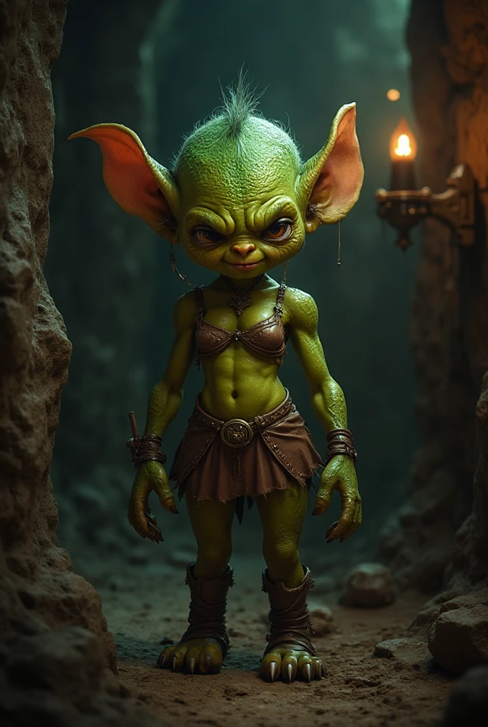 A goblin sized toad enjoys the adoration of several goblin women (hot ugly, mismatched eyes and breasts, big butts, ragged cloth tops and short skirts), slimy cavern