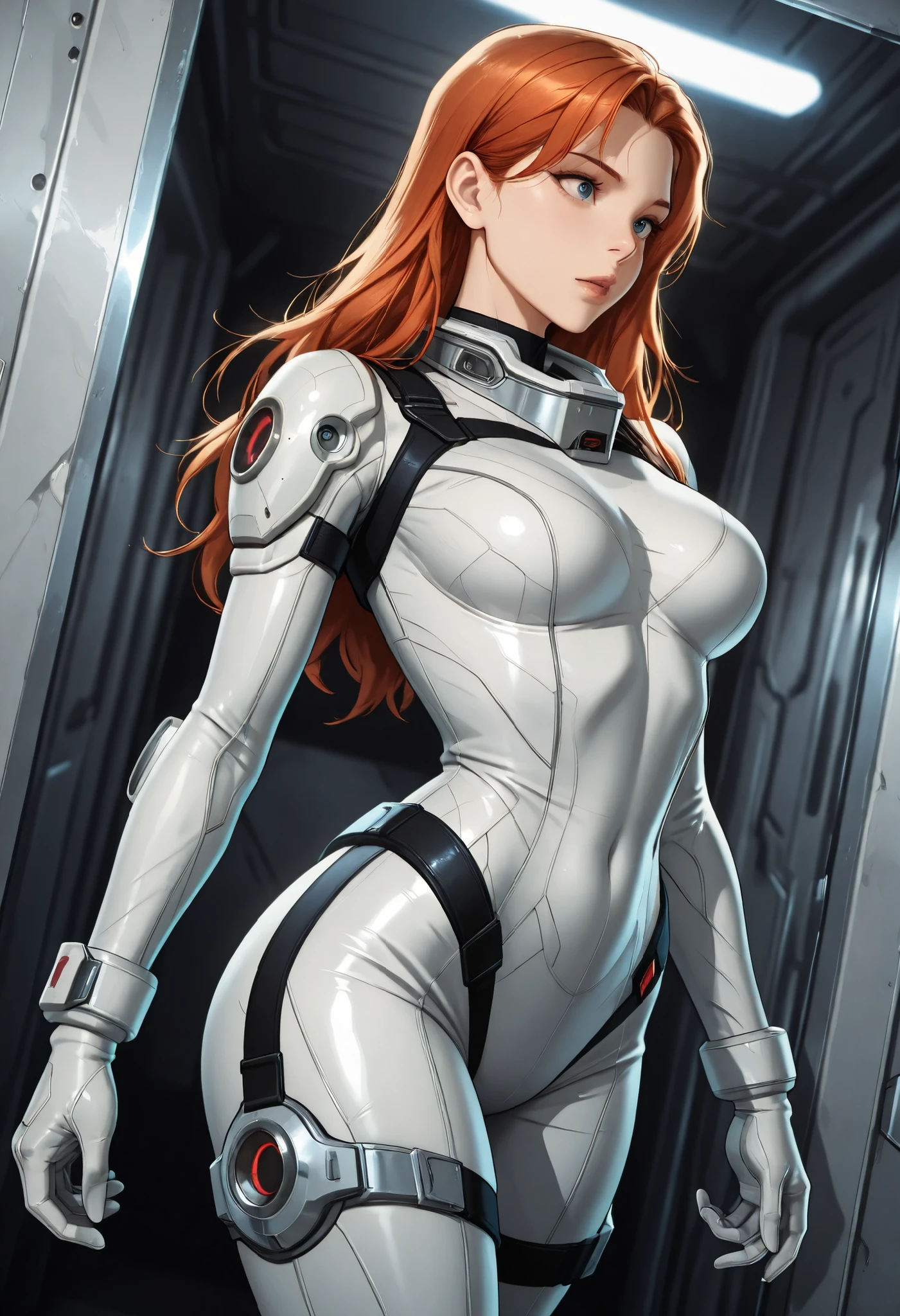 high resolution images, masterpiece, Highest Quality, amazing quality, official art, Highly detailed, Wallpaper, 1 girl, slender, wide hips, fit thighs, A very attractive and slim woman wearing a tight spacesuit walks through the corridors of an abandoned and decaying space station in a futuristic world. dynamic angle,