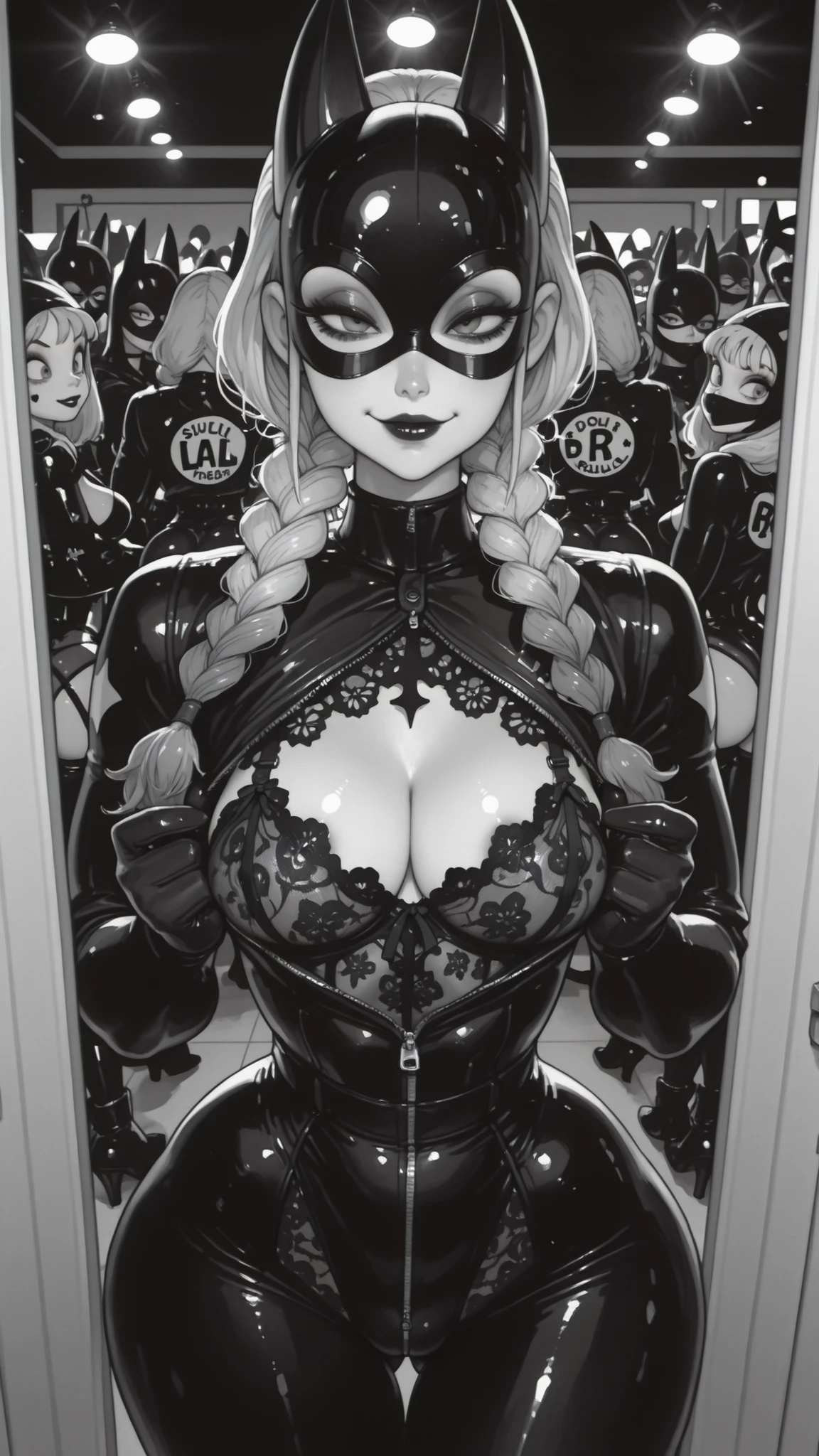 by Tsukushi Akihito, artist:moriimee. A tall, slender girl wearing a stylish Batgirl costume, mask on. The suit is partially unzipped in a non-revealing, SFW way to show underlying costume details. She is in a dressing room with a blonde supermodel wearing a Harley Quinn–inspired outfit, with braided hair, adjusting her costume top. Both are preparing for a photoshoot or event, surrounded by mirrors, makeup lights, and costume racks. They wear elegant lace-accented costume layers (fully SFW). Manga-comic style, monochromatic, black and white, expressive but wholesome chibi-style sticker-like icons in the corners to show playful reactions or comedic timing.Her suit is unzipped in the front and we can see her very lace lingerie under her clothes, cute , nip slip