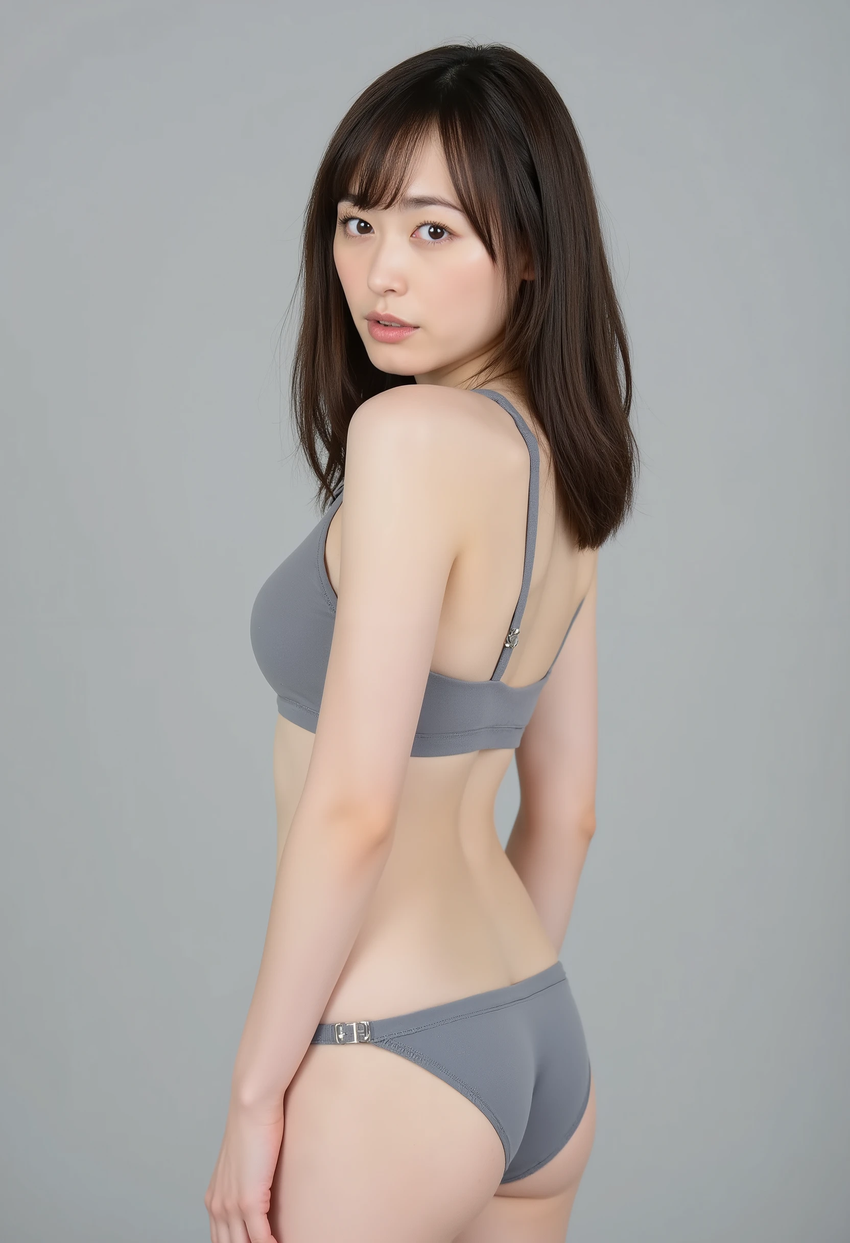 fukuhara haruka,,(Raw Picture real:1.6) live-action, Picture , top quality,serious expression, ((( delicate figure))), (((Thin Waist))),(small breasts), focus on women,, ((Full body view )), (((I'm wearing a cute gray thin fabric bra and panties)))