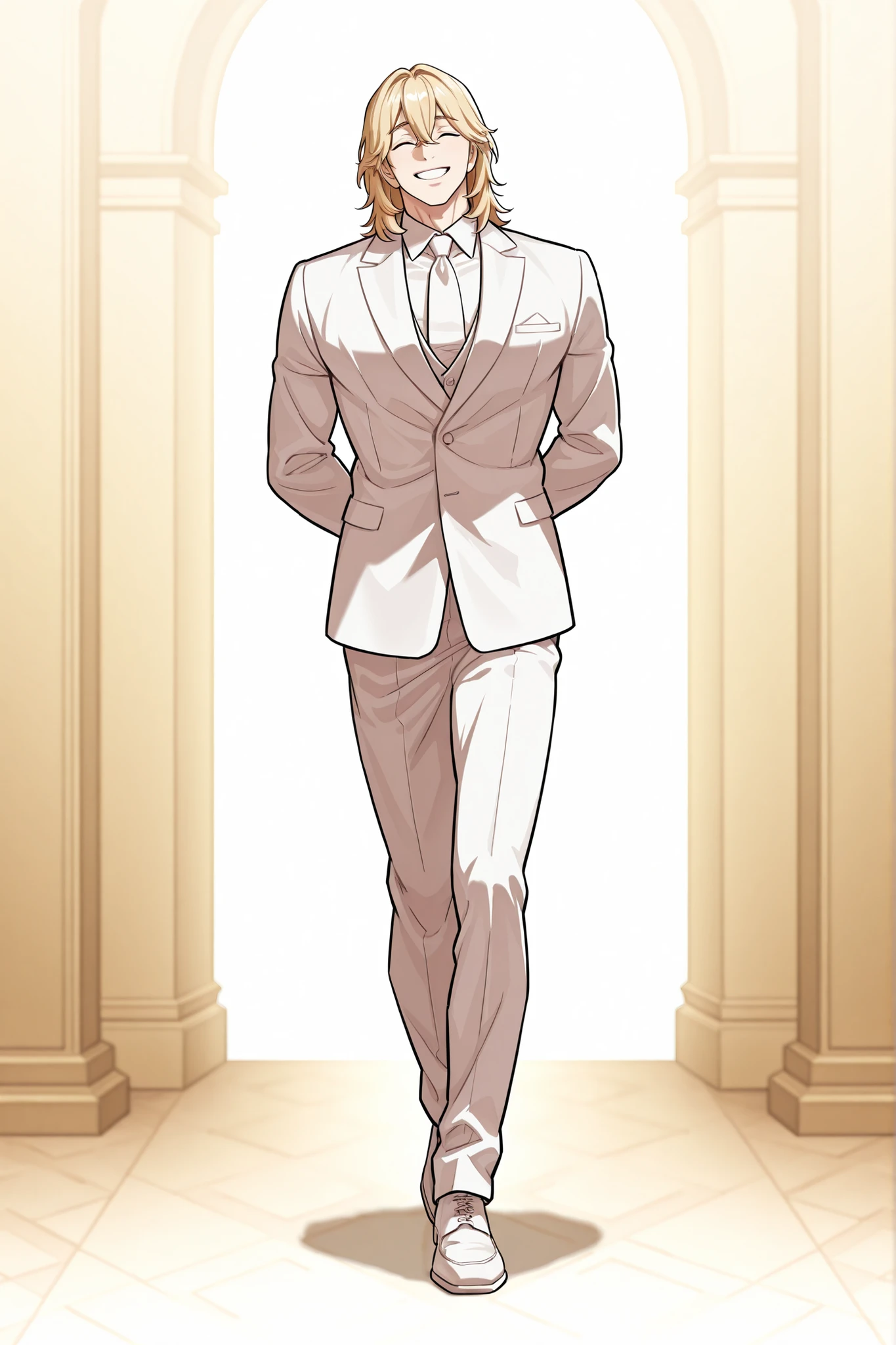 1 male, alone, handsome, muscular, medium hair, blonde hair, bangs between the eyes, happy squinting closed eyes, playful smile, niceful impression, fake, white suit, white dress shoes, arms behind back, head up, full body, looking at viewer, boss vibes, mafia scenery