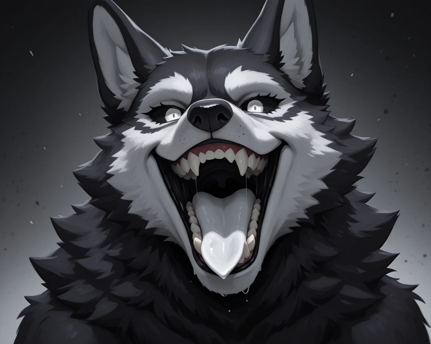 by juiceps, by wizzikt, by chunie, by meesh,, (furry:1.5), , 18 years old, , (Furred dragon)):1.9), (white and black color palette:1.8), human, mammal, smirk, choker, fangs, , alternate species, anthro, anthro , countershading, blush, bodily fluids, (:1.6),  on mouth, (:1.8), verry , claws, fangs, grabbing head, motion lines, ( :1.6), (full mouth:1.8), male, ( leaking:1.7)